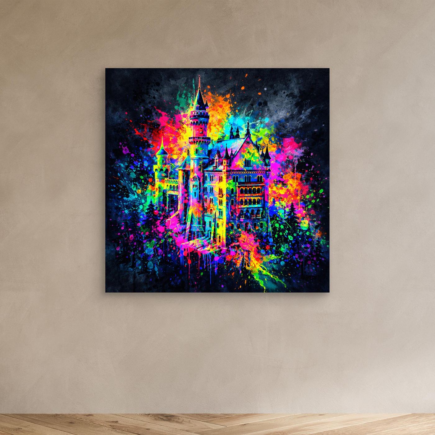 Leinwandbild mit bunter Graffiti-Schlossillustration ohne sichtbaren Rahmen