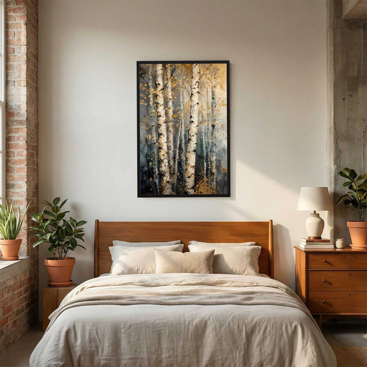 Hochformatiger Birken-Posterprint mit abstrakten Stämmen in Beige, Grau und Blau, dunkler Rahmen