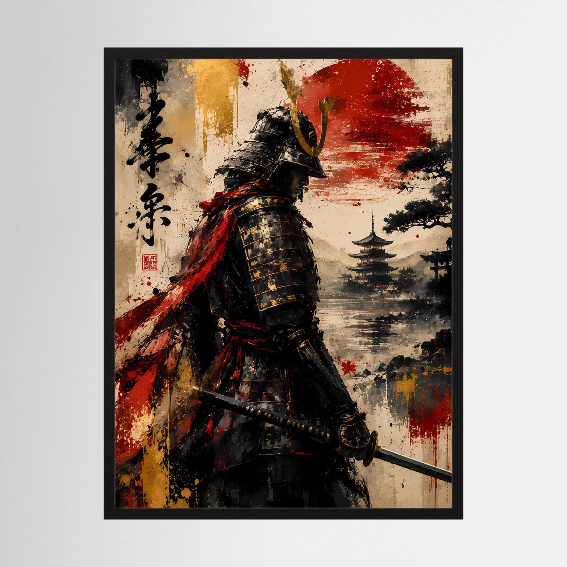 Poster (Hochformat): Samurai in Schwarz mit rotem Akzent, roter Sonne, schwarzer Rahmen