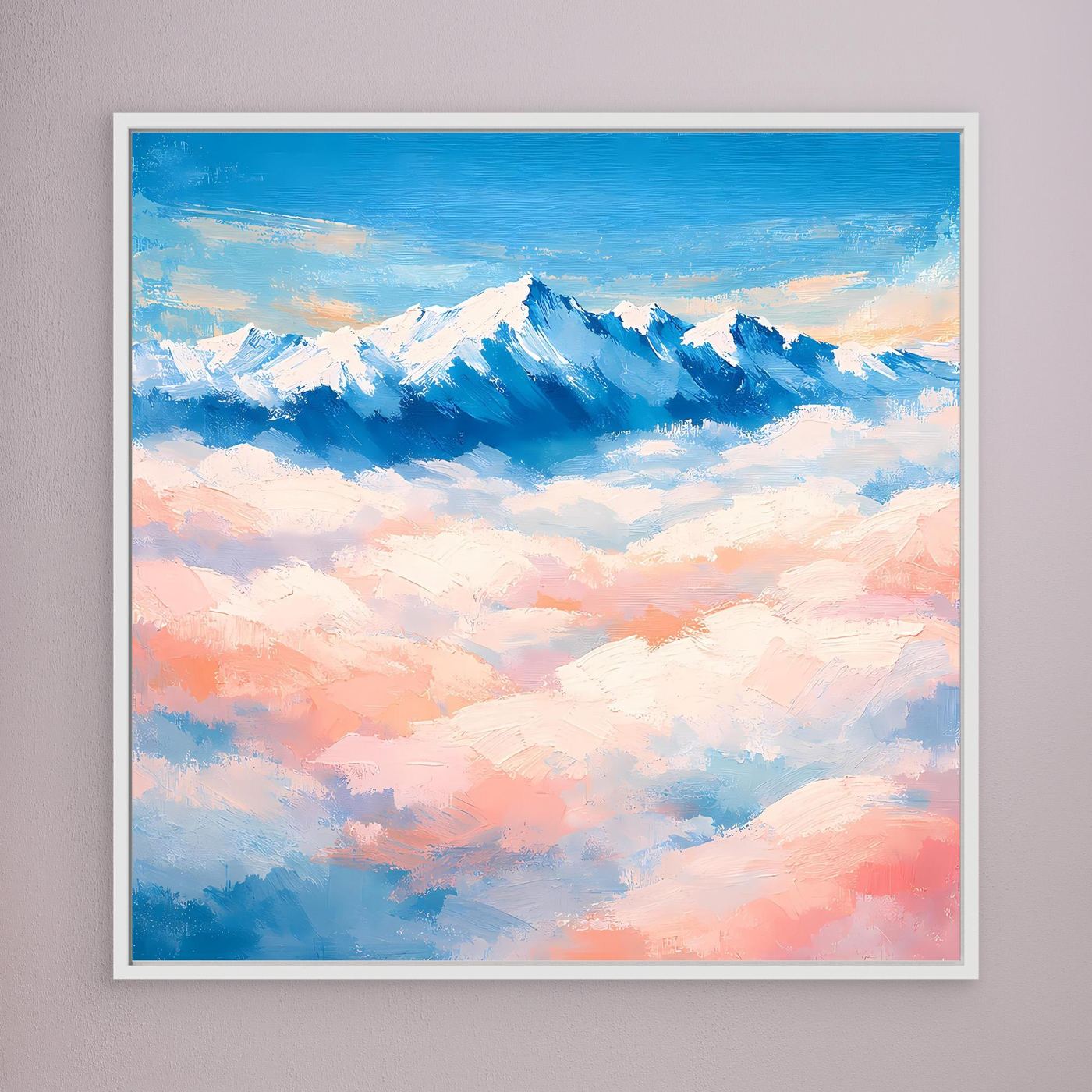 Leinwand-Wandbild mit schneebedeckten Bergen über Wolken, weiß gerahmt