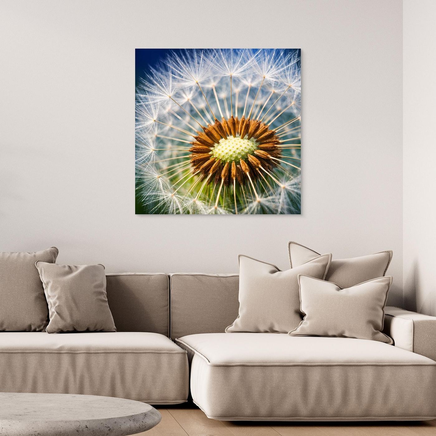 Gerahmtes Leinwandbild mit Pusteblume-Makro, braunes Herz und helle Fäden auf Blau-Grün