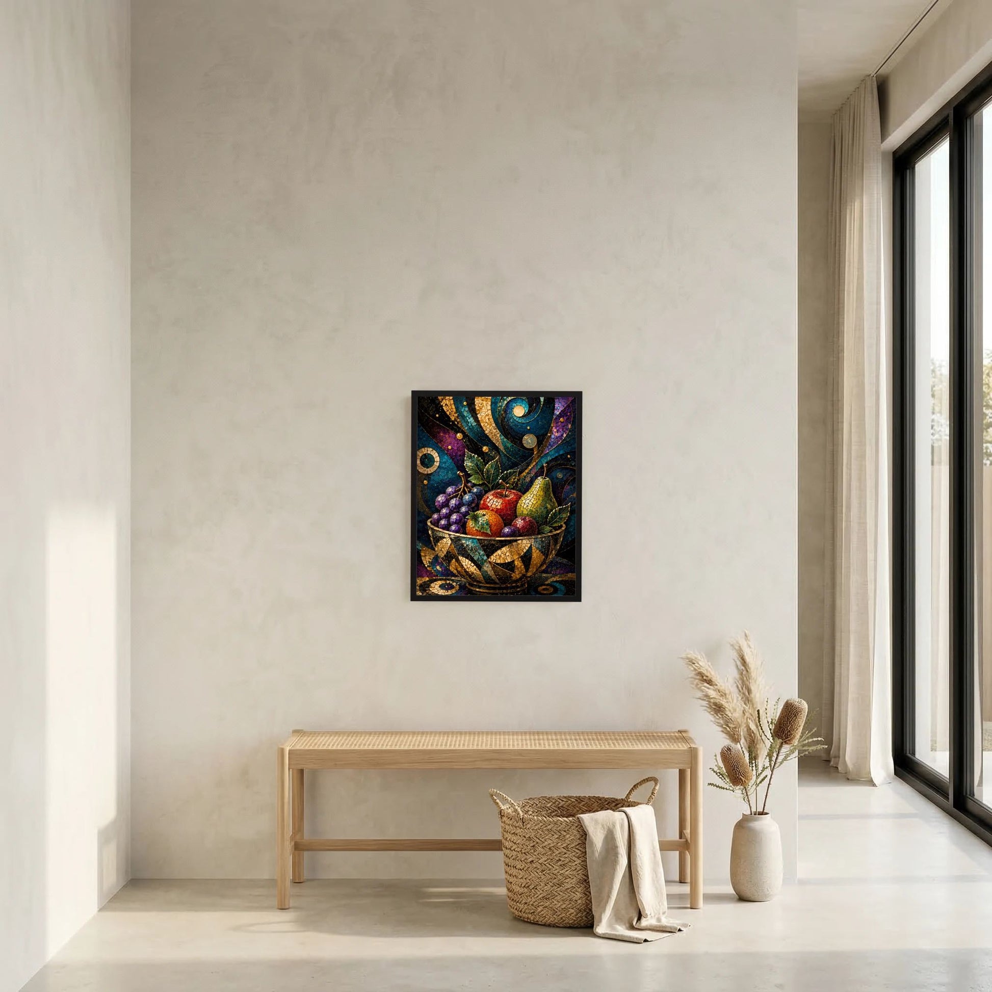 Eingrahmtes Hochformat-Poster mit Obstschale im Mosaikstil und bunten Früchten