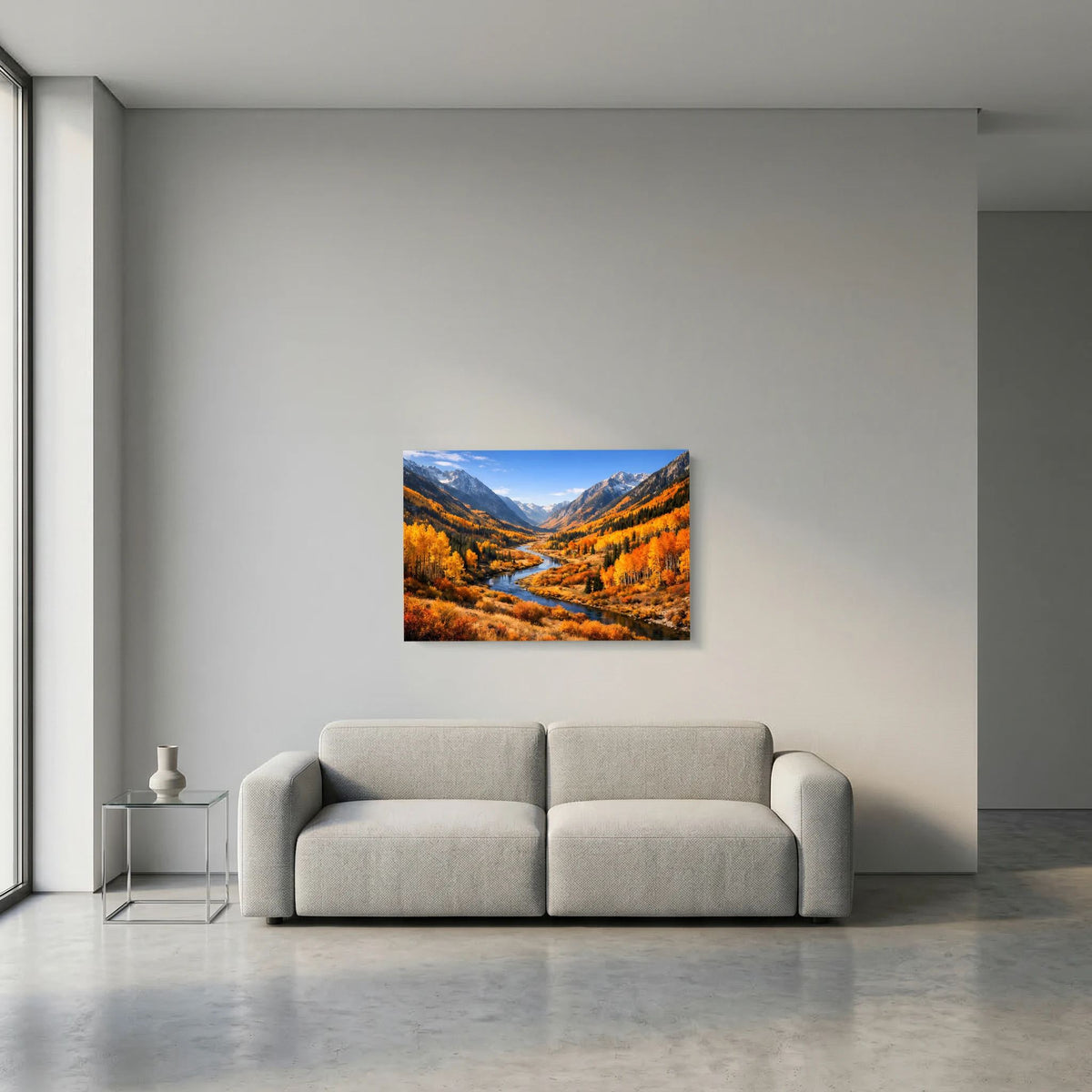 Wandposter querformat mit kleiner Darstellung: Fluss im Herbst-Bergtal zwischen Bergen