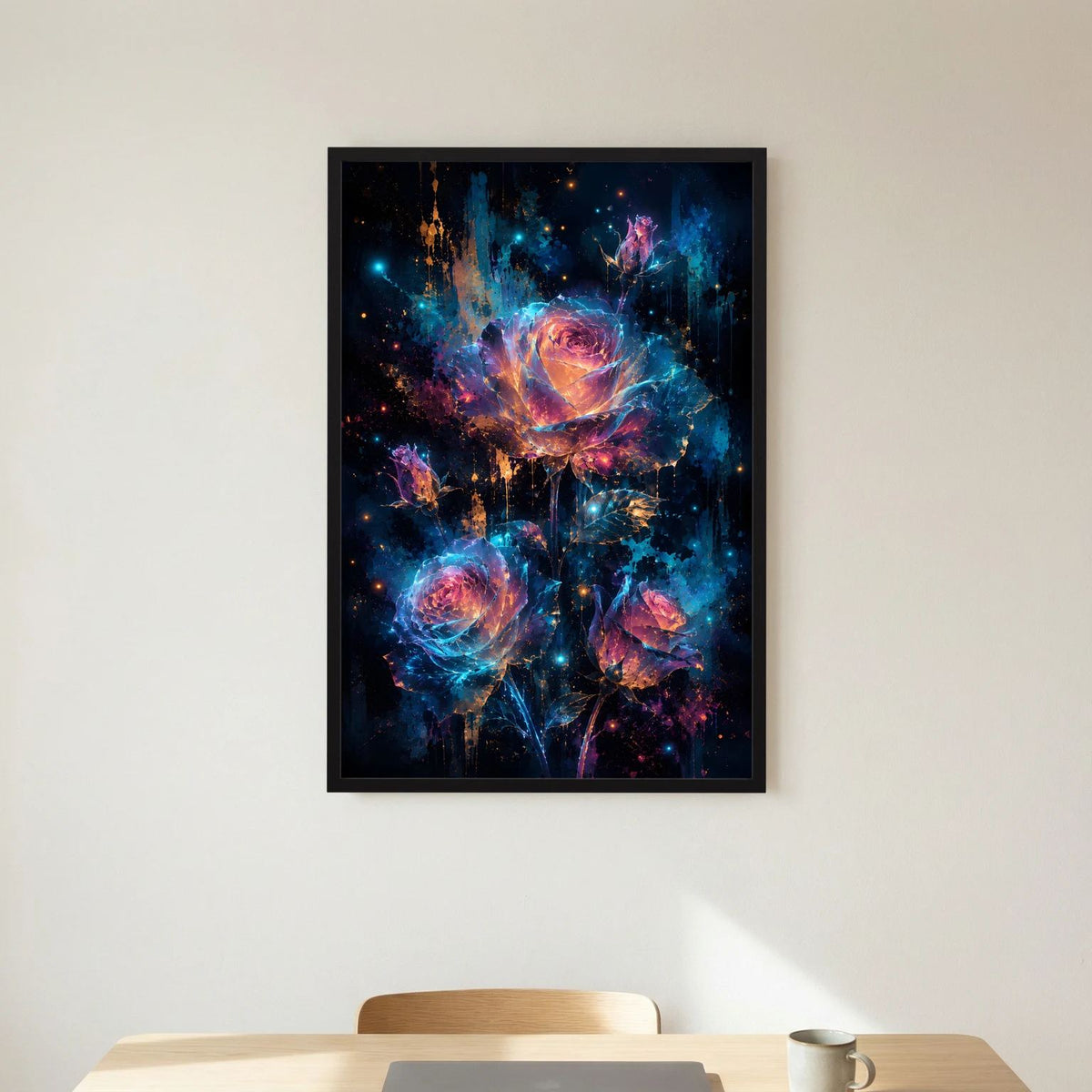 Wandbild mit abstraktem Rosenmotiv in Blau und Pink, schwarzer Rahmen, Hochformat
