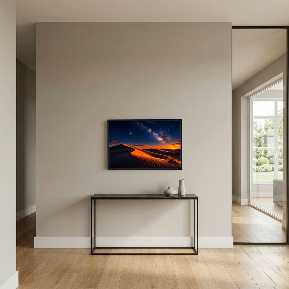 Wandposter im Querformat mit schwarzem Rahmen: Dünen und Sternenhimmel