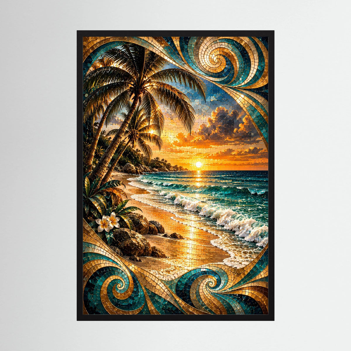 Tropischer Strand bei Sonnenuntergang | Mosaik Kunst in Türkis & Gold | Poster Hochformat