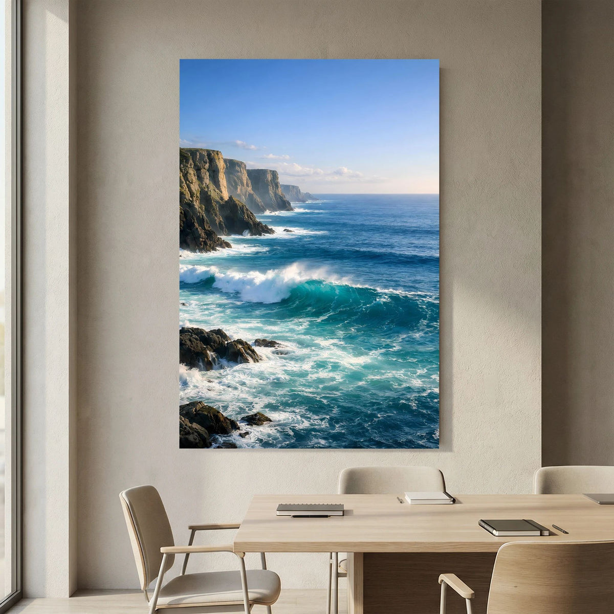 Hochformatiges Wandbild: Küstenfelsen am Meer mit spritzendem Schaum