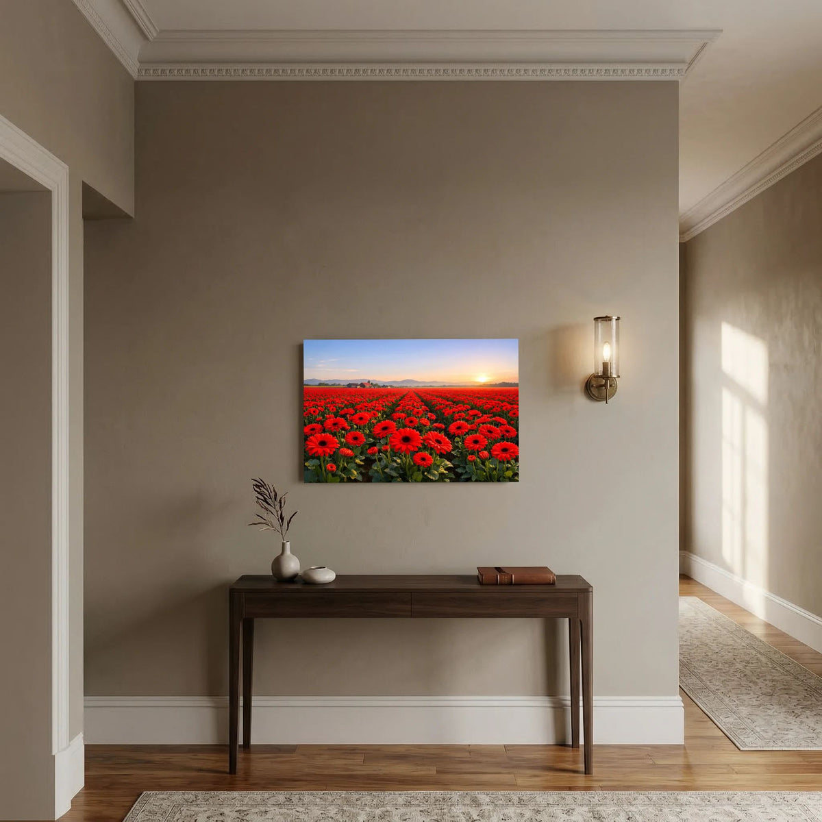 Wandbild quer mit rotem Blütenfeld und Sonnenuntergang, ohne Rahmen