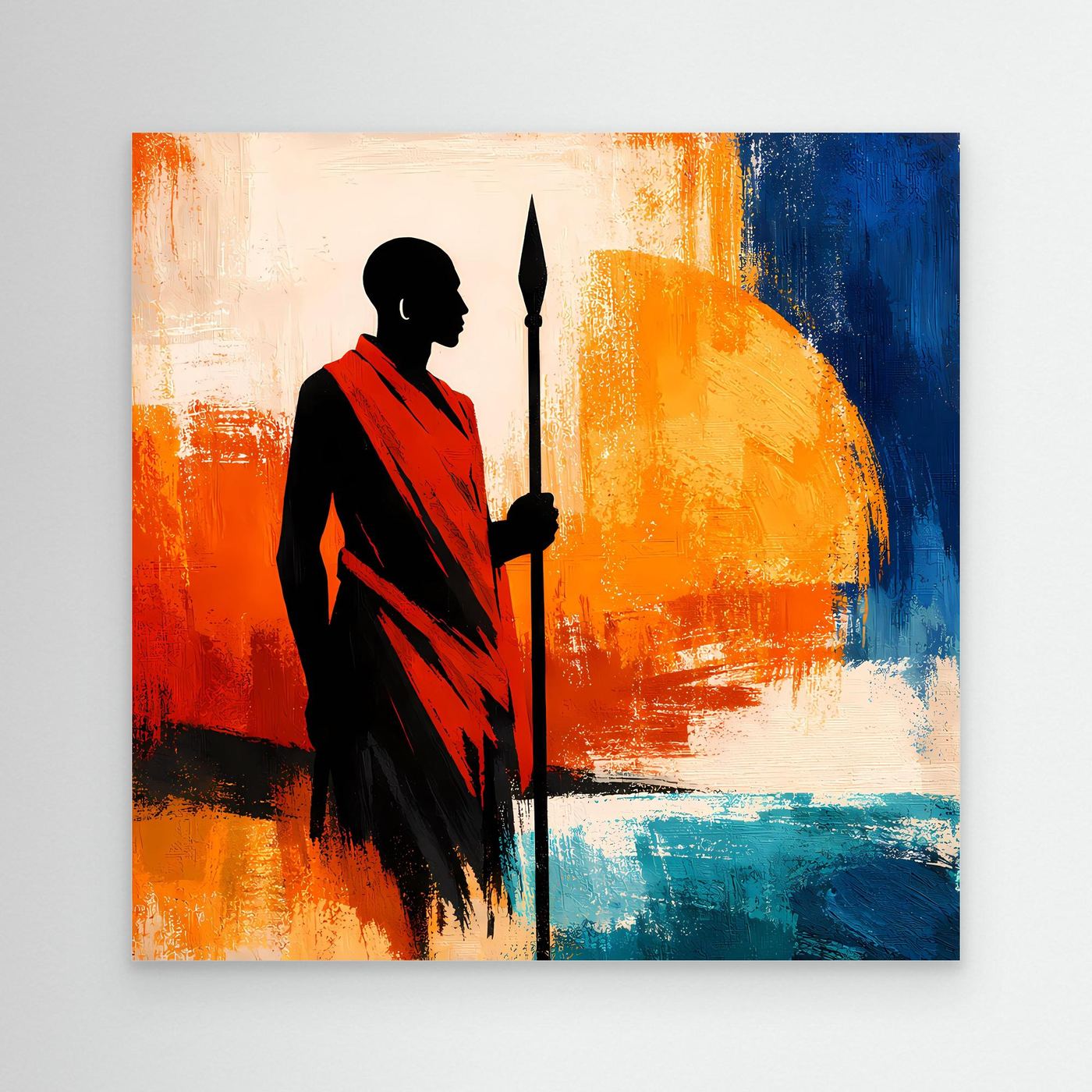 Leinwand Afrikanischer Krieger bei Sonnenuntergang | Modernes Ethno Silhouette Wandbild
