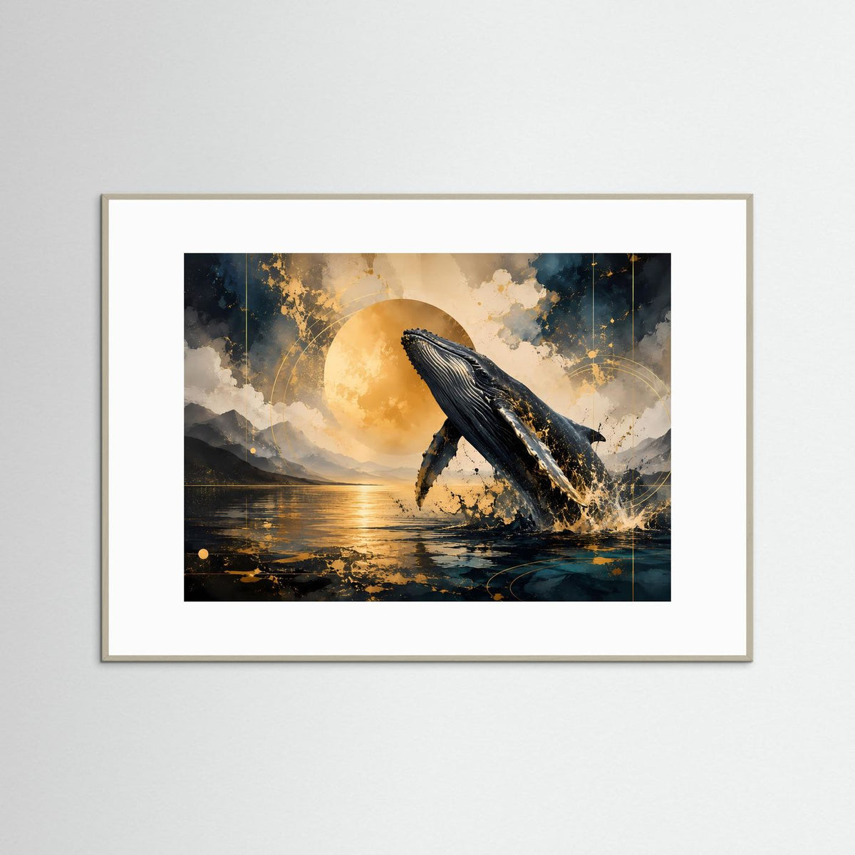 Querformat-Poster mit Buckelwal-Motiv, schwarzer Wal, Blau-Gold-Himmel, hellgrauer Rahmen