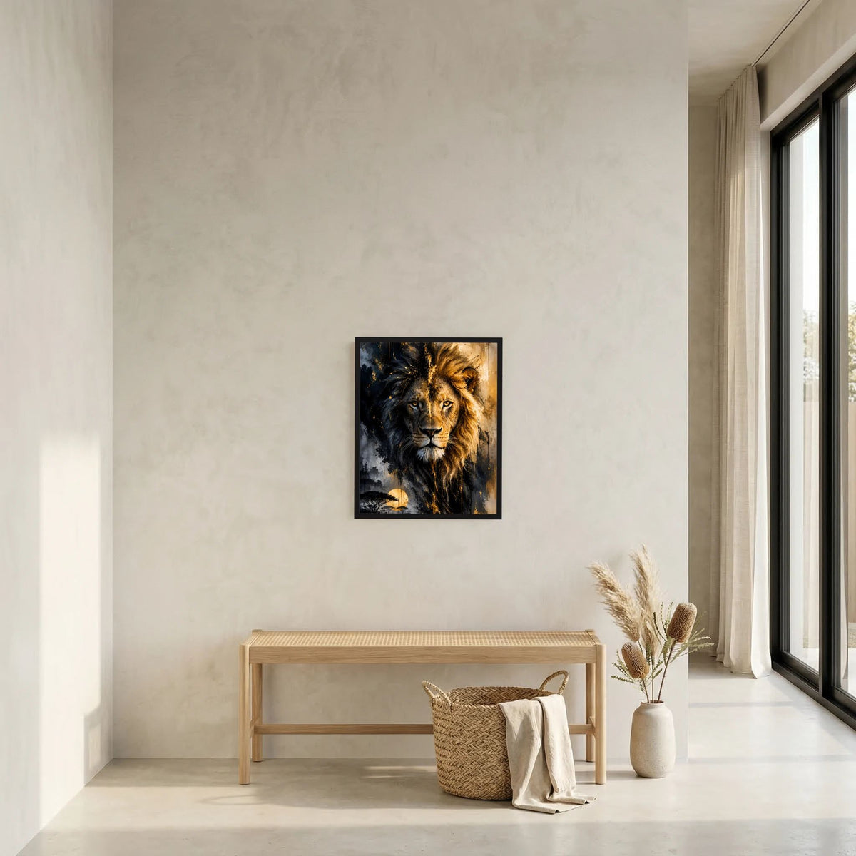 Gerahmtes Löwen-Poster in Schwarz und Gold an der Wand, Löwengesicht sichtbar