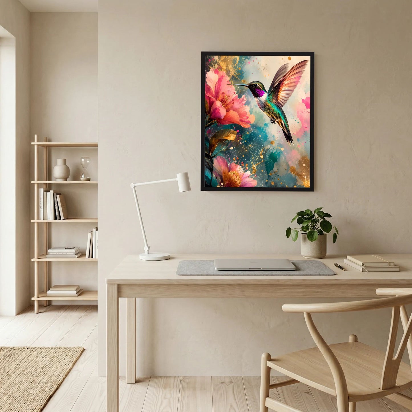 Gerahmtes Hochformat-Kunstposter mit Kolibri und farbigen Blüten, teils gold schimmernd