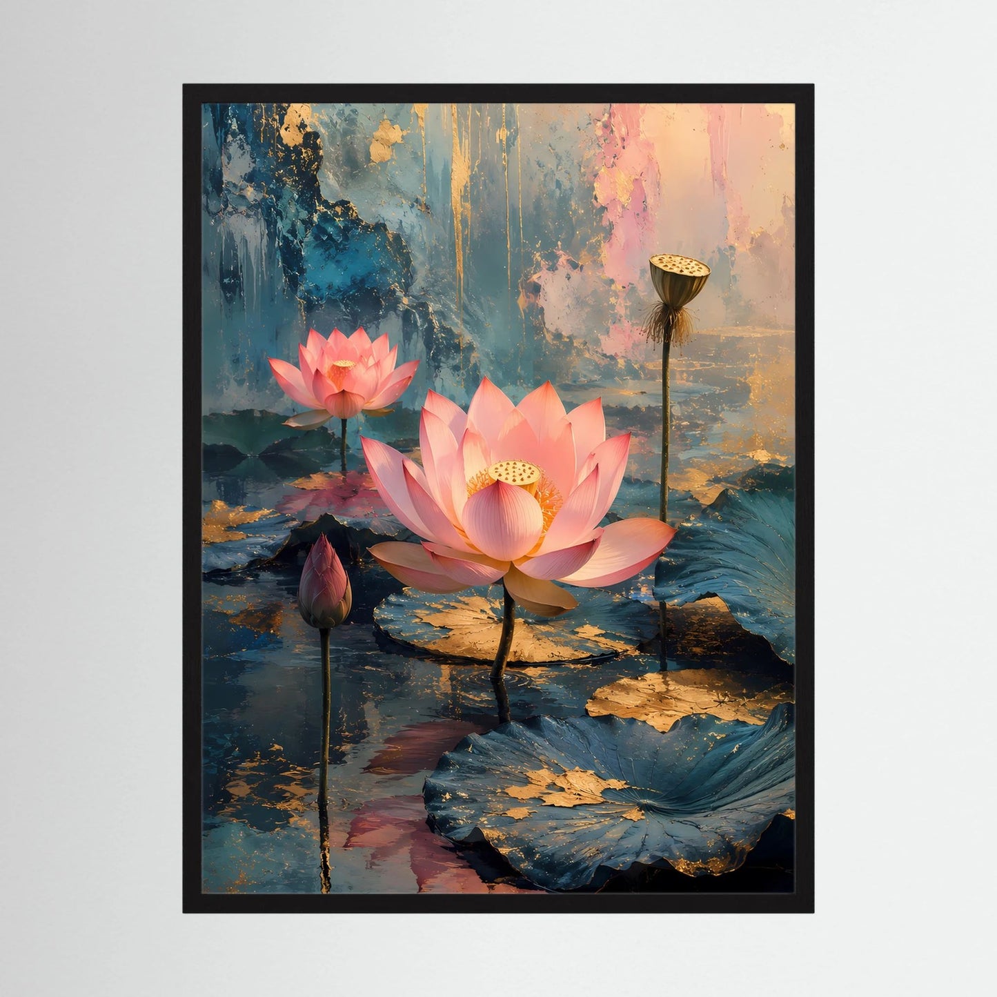 Poster im schwarzen Rahmen: abstraktes Wasser mit rosa Lotusblüten und goldener Laterne