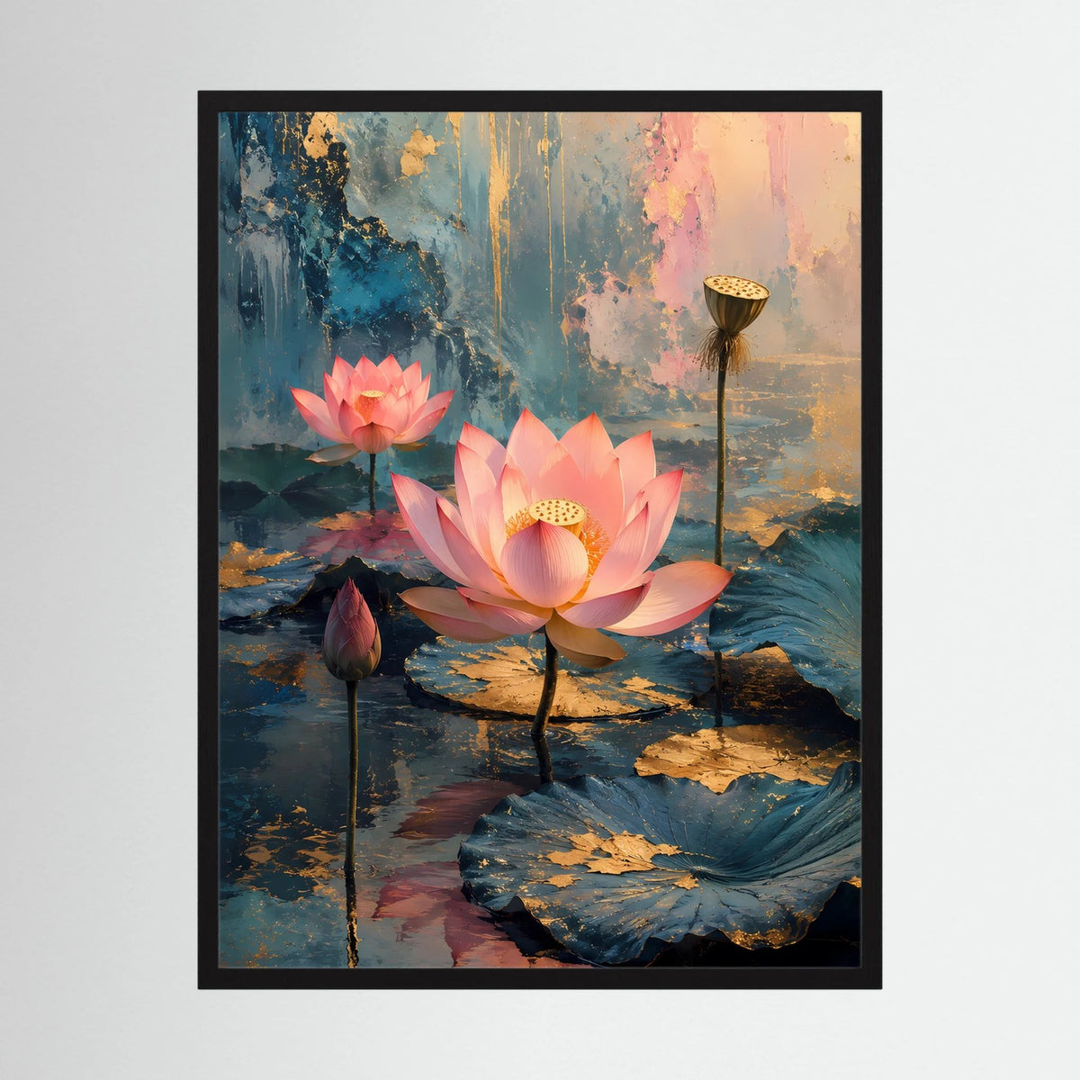 Poster im schwarzen Rahmen: abstraktes Wasser mit rosa Lotusblüten und goldener Laterne