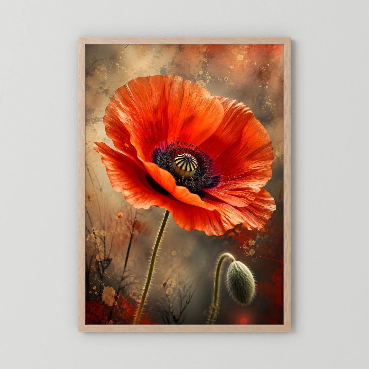 Mohnblumen-Poster mit roter Blüte und dunklem Kern, beiger Rahmen, Hochformat