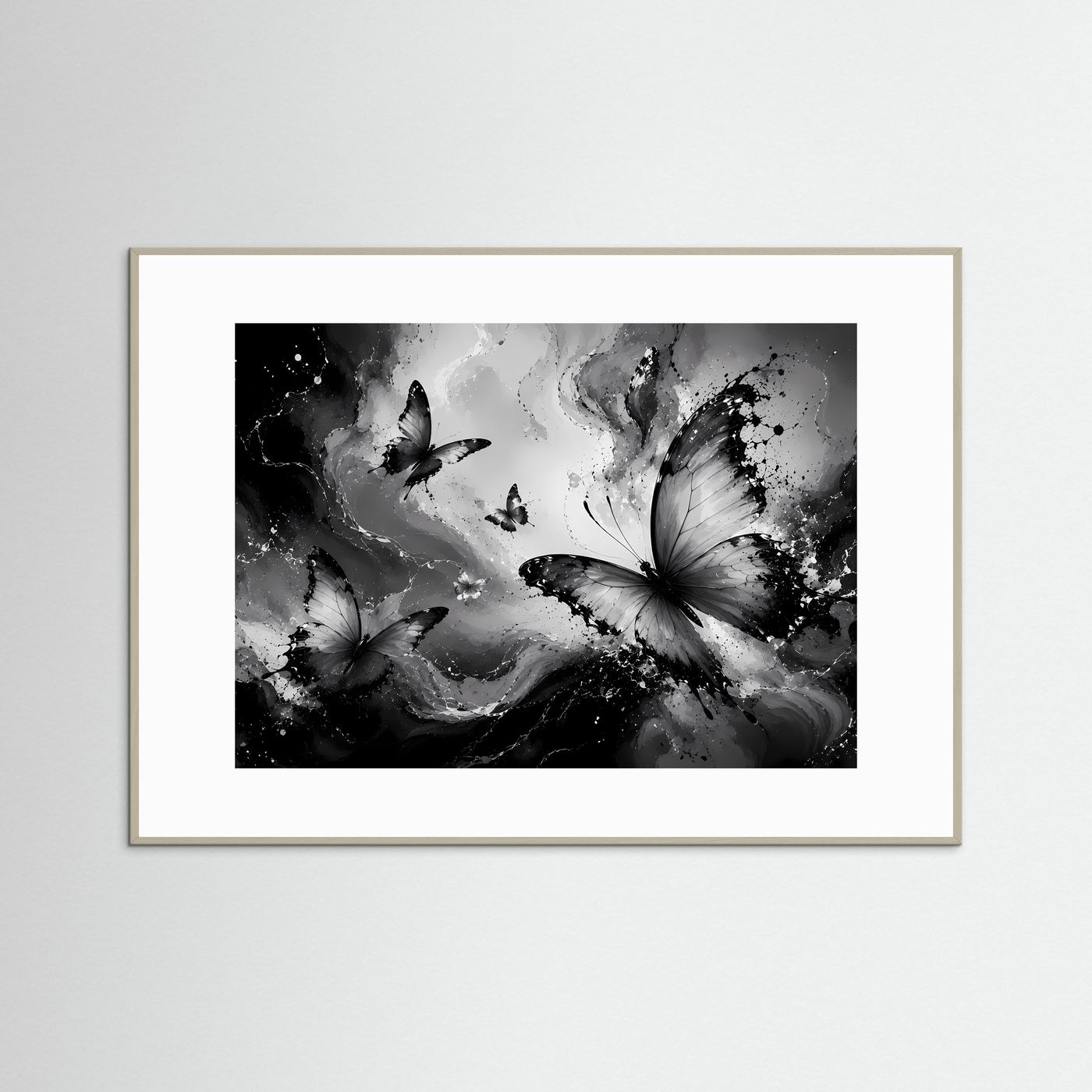 Schmetterlinge Schwarz Weiß Poster Querformat | Abstrakte Butterfly Wandkunst Modern | Monochrome Leinwandkunst