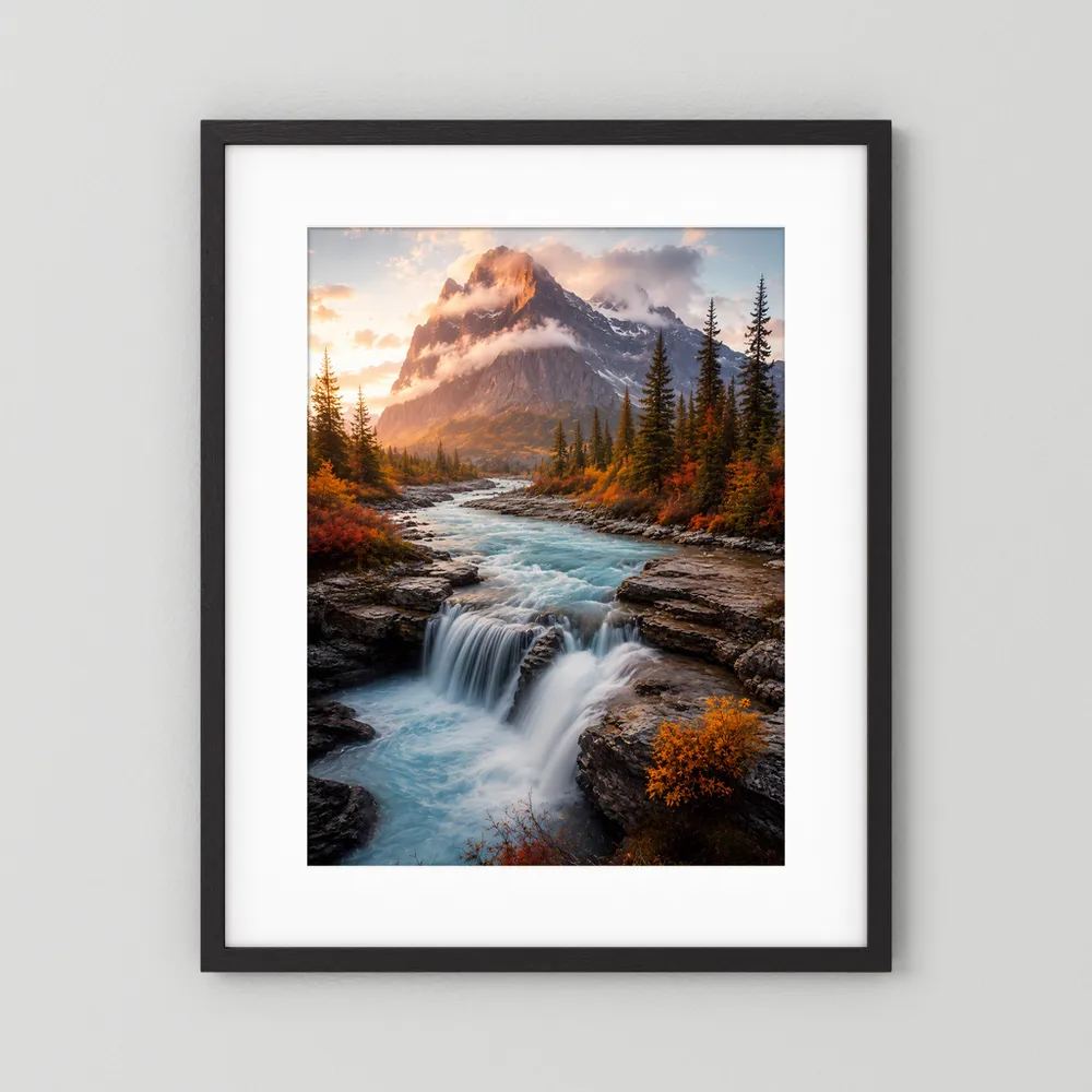 Hochformat-Poster im schwarzen Rahmen mit weißem Passepartout und Wasserfall im Fluss