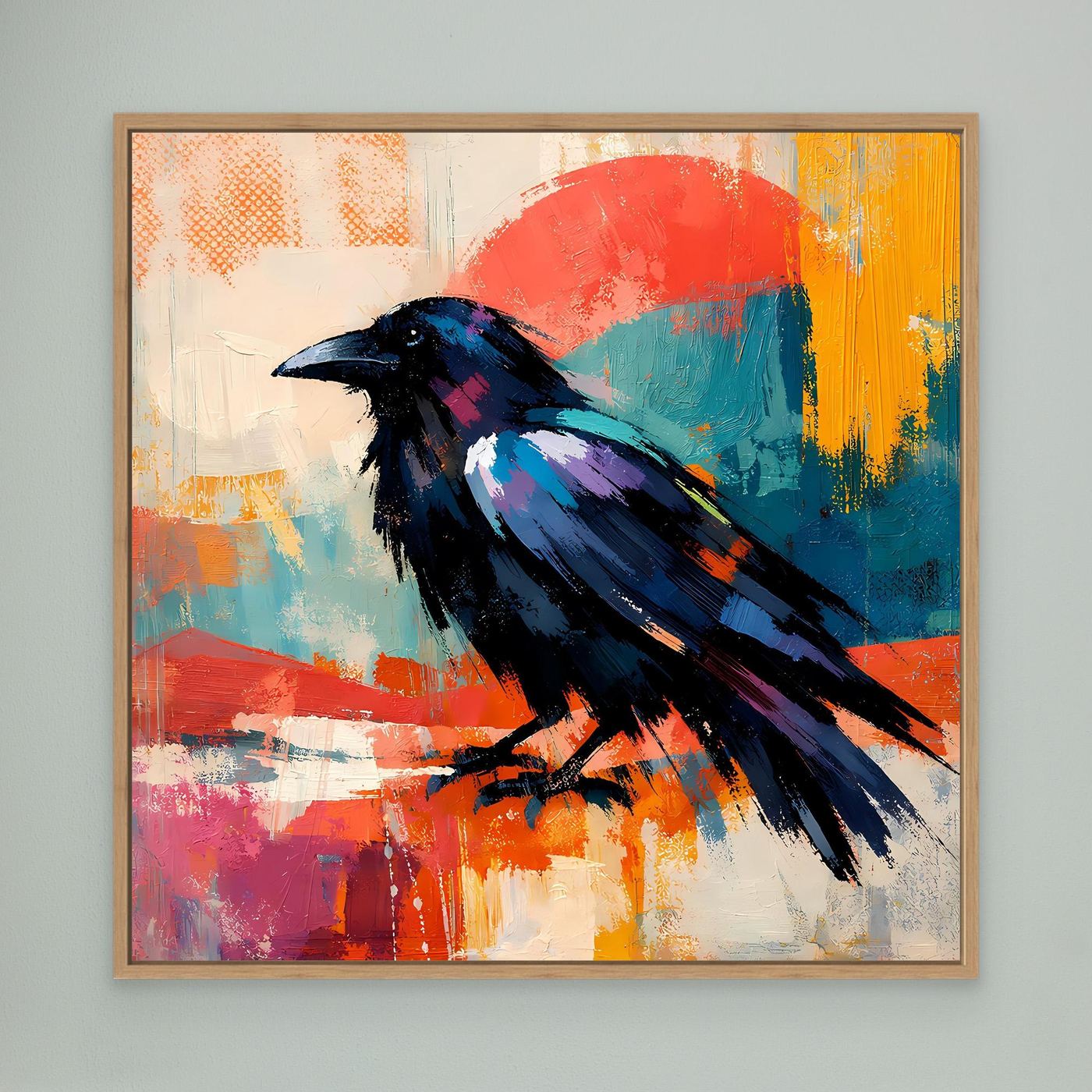 Light wood framed colorful abstract raven bird wall canvas with red sun, teal, and blue strokes