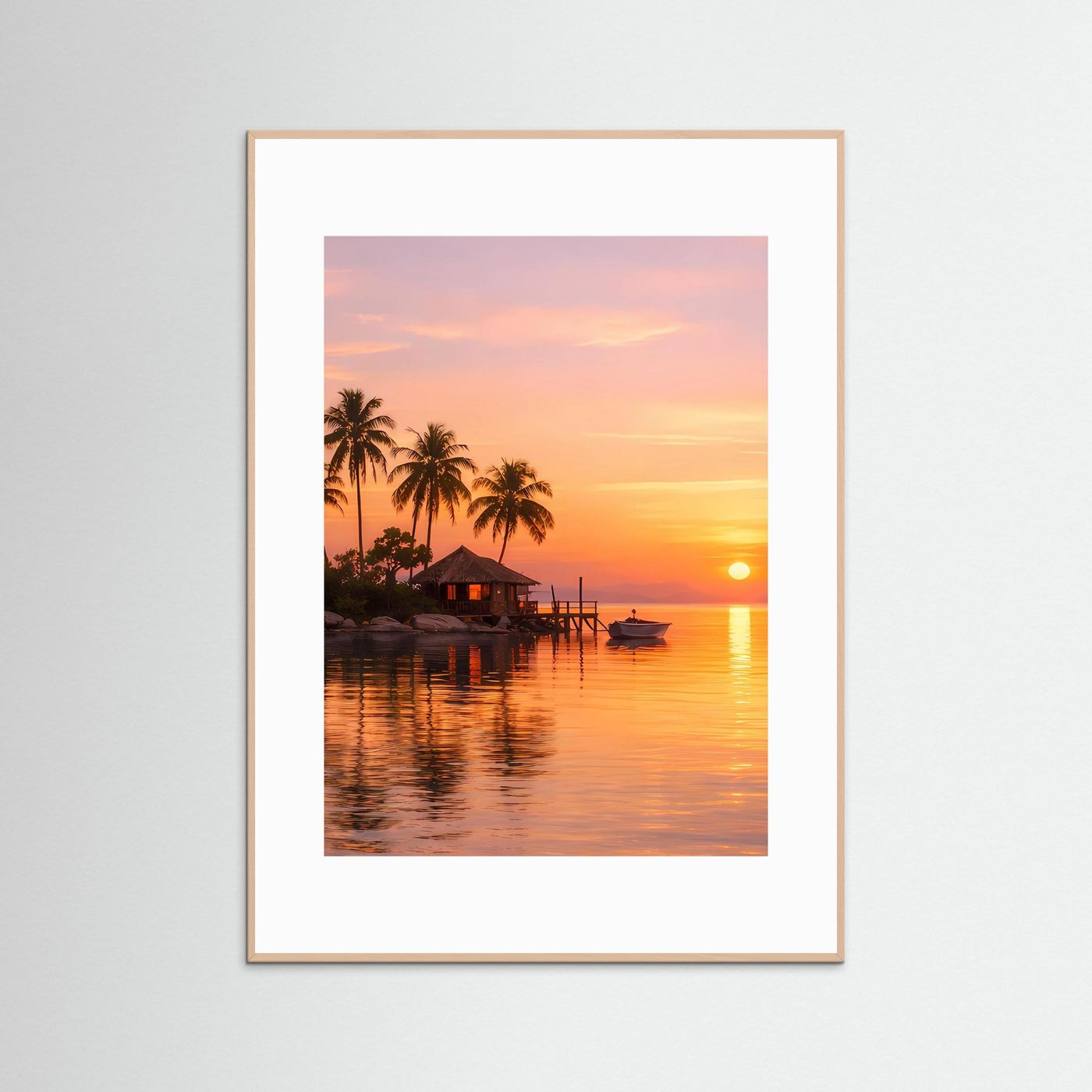 Wandbild Sonnenuntergang tropische Insel, brauner Rahmen mit weißem Rand
