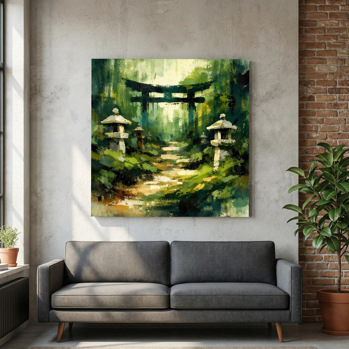 Leinwandbild auf Wand: grüner Waldweg mit Torii-Tor und Steinlaternen im Vordergrund