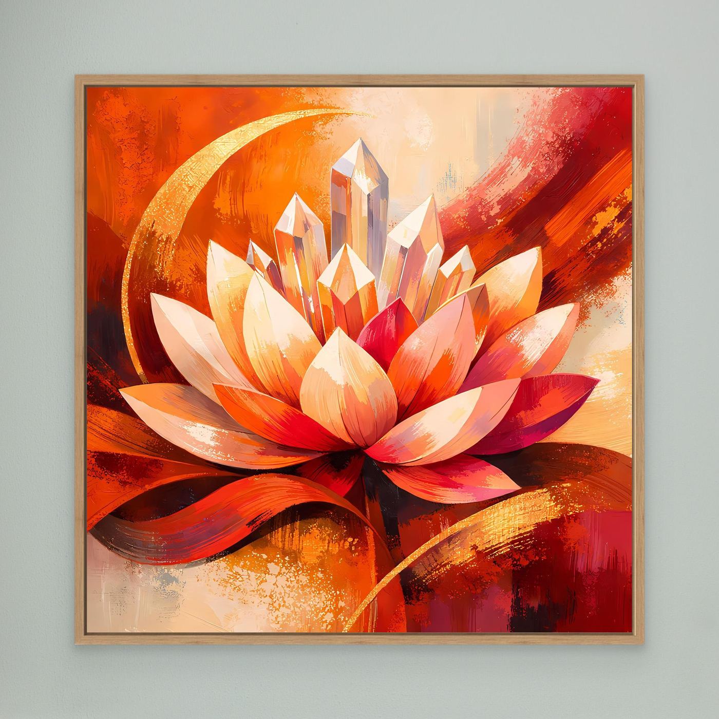 Leinwandbild mit abstrakter Lotusblüte in Orange und Rot, mit hellem Holzrahmen