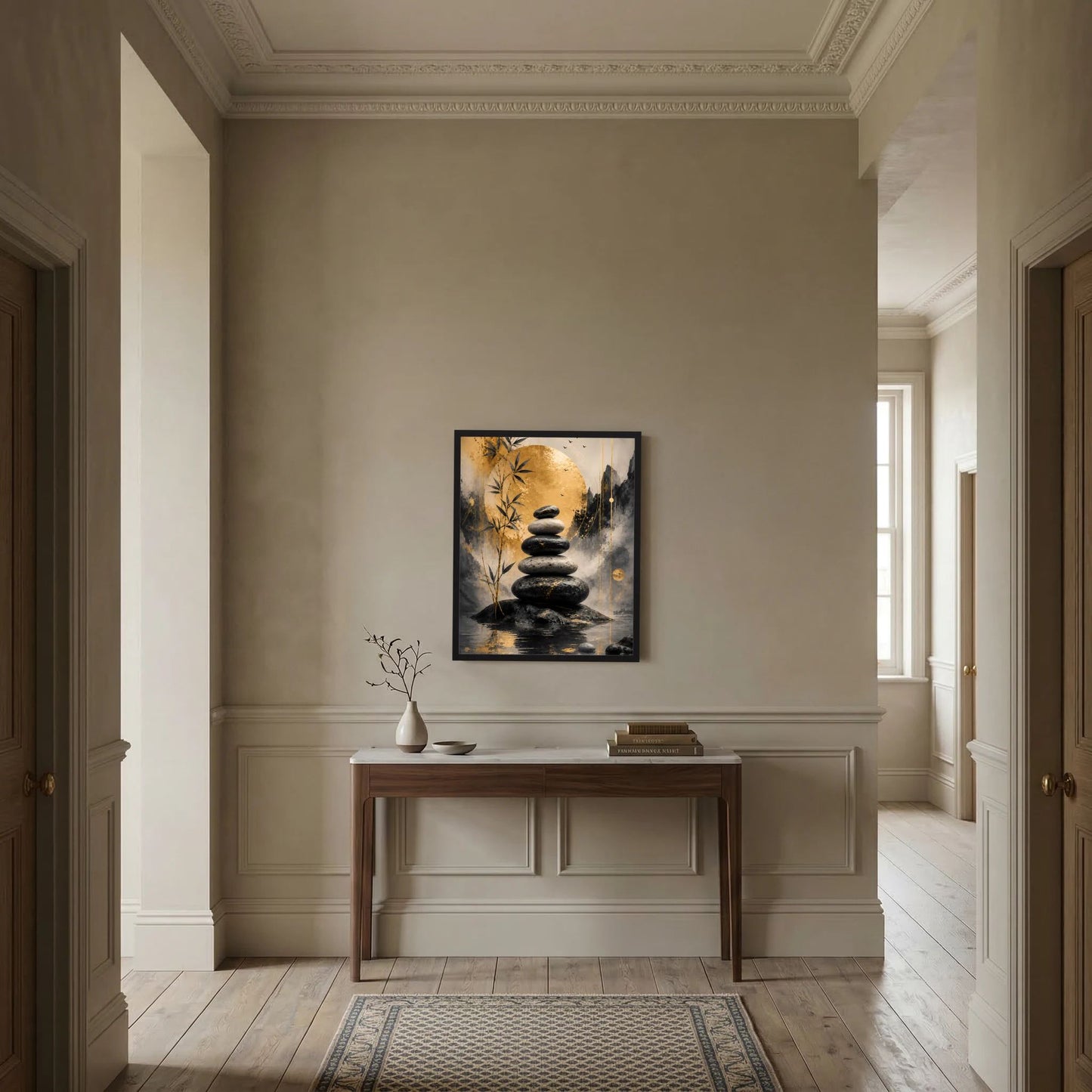 Hochformat-Wandbild mit Stapel dunkler Steine, Bambuszweigen und goldgrauem abstraktem Motiv