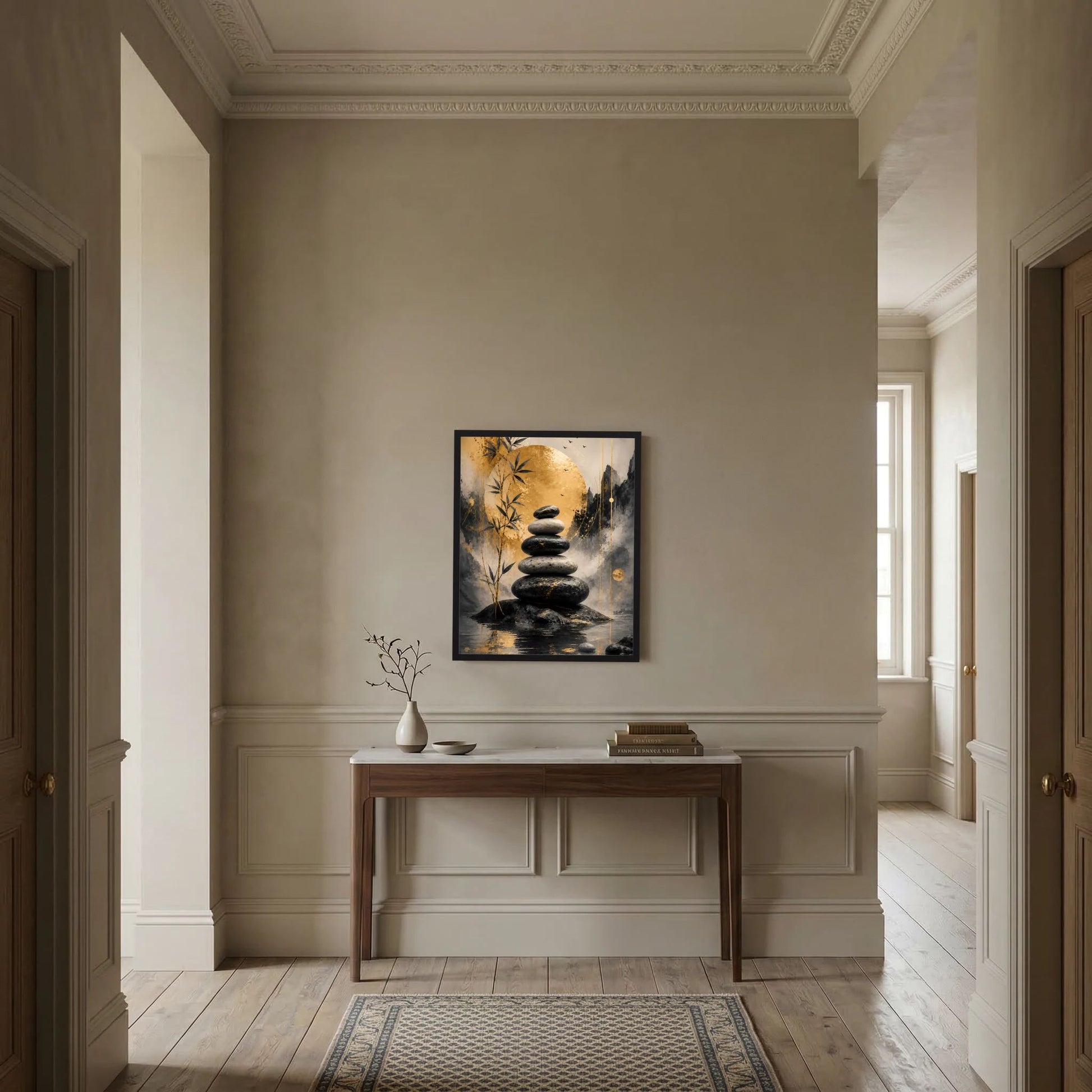 Hochformat-Wandbild mit Stapel dunkler Steine, Bambuszweigen und goldgrauem abstraktem Motiv