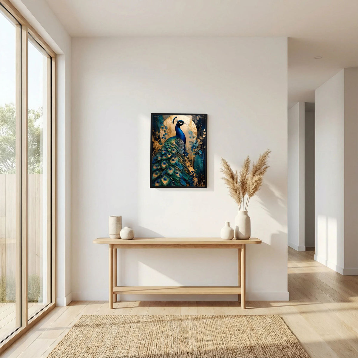 Pfau-Poster in Blau und Gold, schwarz gerahmt