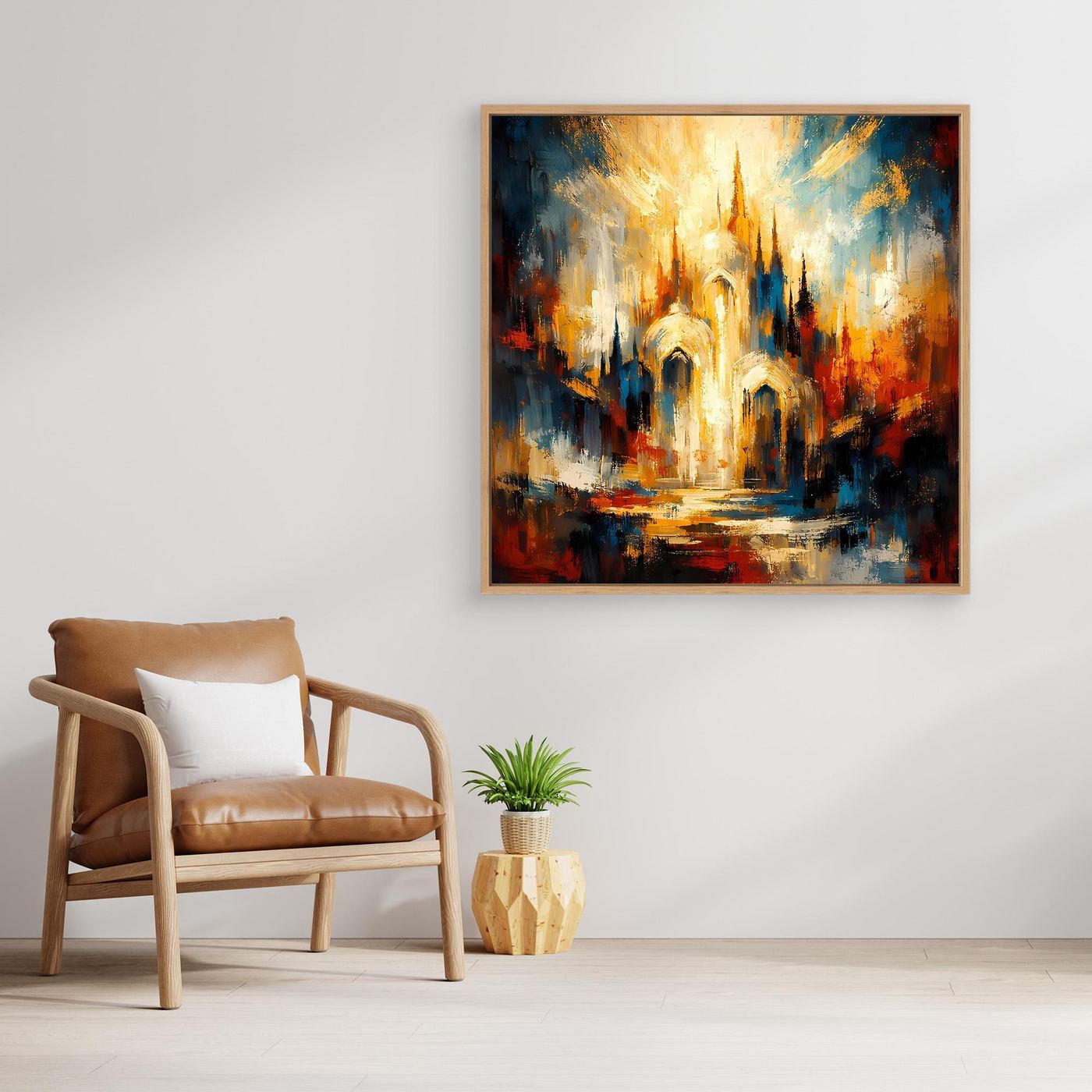 Leinwandbild abstrakte Kathedrale mit goldener Beleuchtung und bunten Akzenten, Holzrahmen
