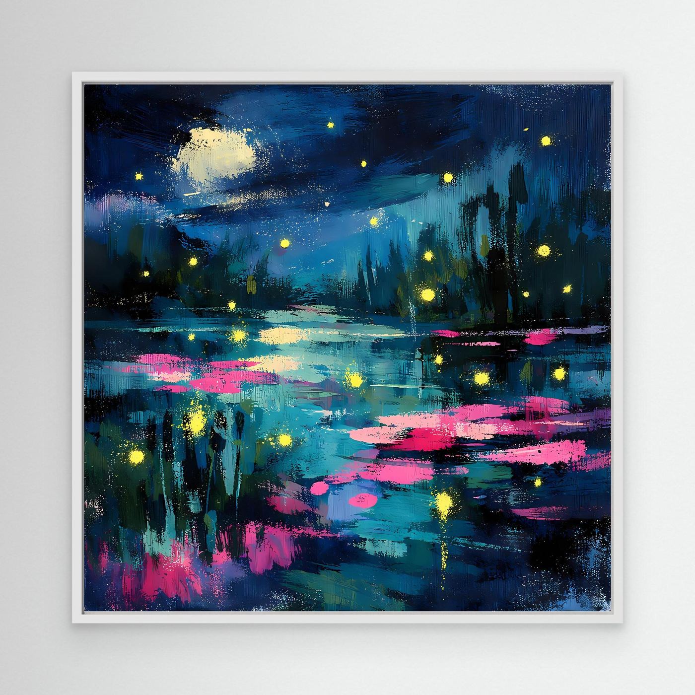 Abstract canvas wall art in white frame: moonlit lake with glowing fireflies and pink reflections