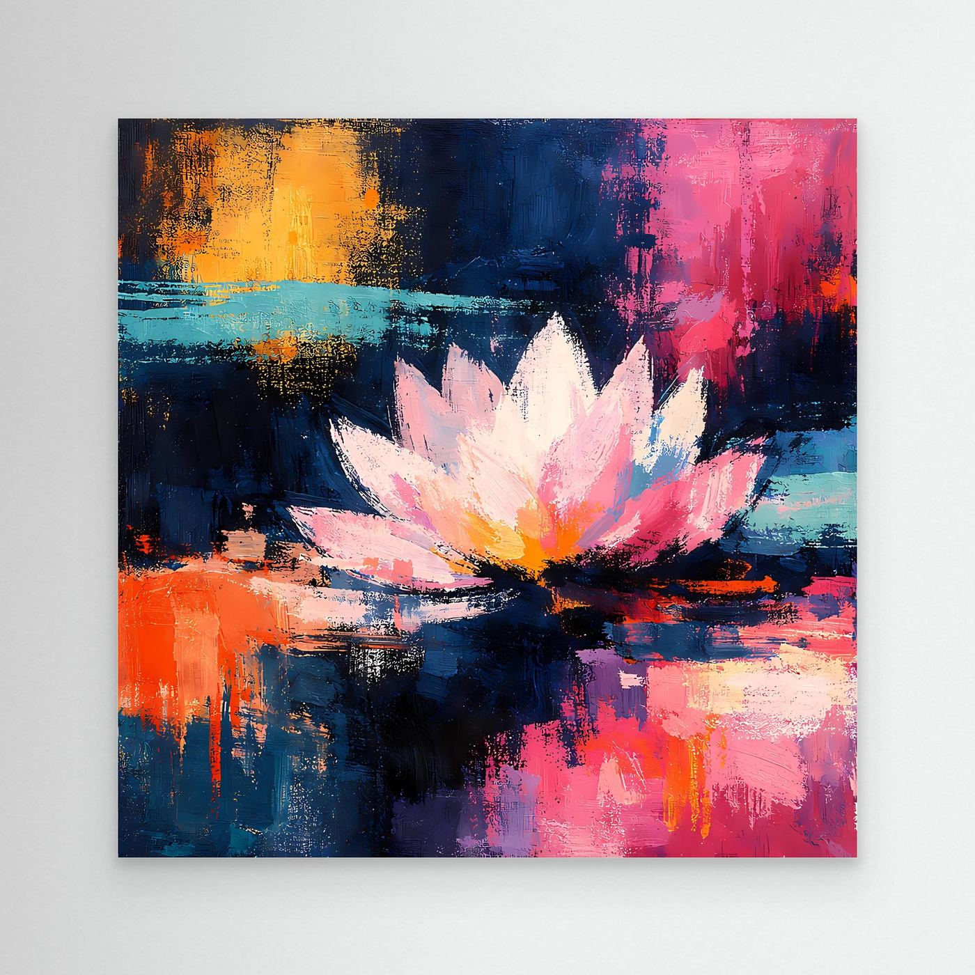 Abstraktes Leinwand-Wandbild mit leuchtender Lotusblüte in Blau, Rosa und Gelb.