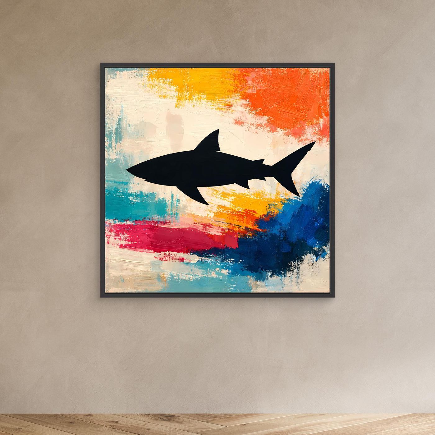 Leinwand Minimalistische Hai-Silhouette im Farbenmeer | Abstraktes Pop-Art Wandbild
