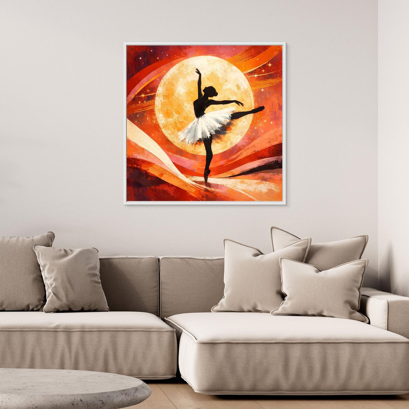 Leinwandbild: Ballerina in Pose auf weißem Schleier vor gelbem Vollmond, abstrakt orange