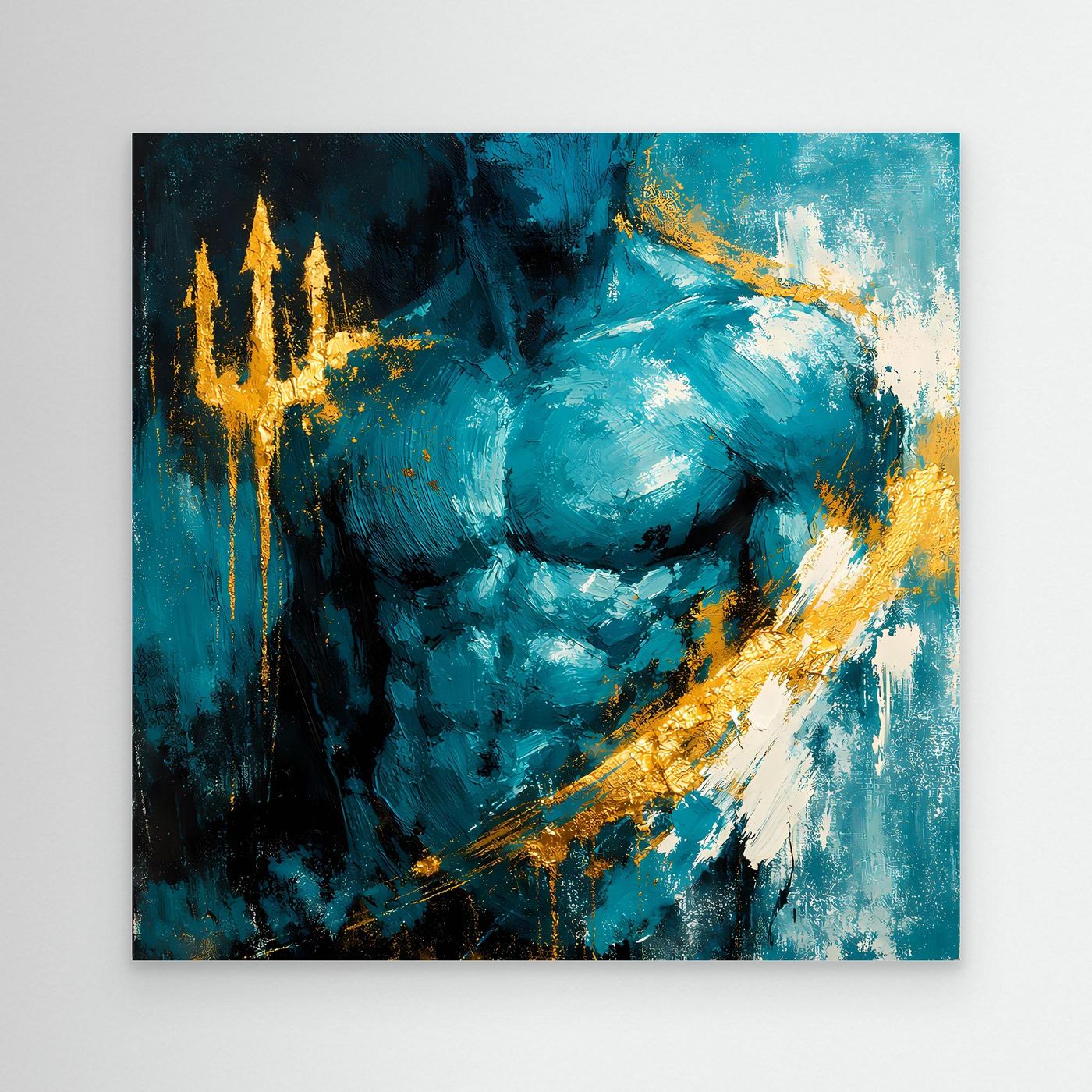 Leinwand Kraftvoller Poseidon in Türkis | Abstraktes Meeresgott Wandbild Gold