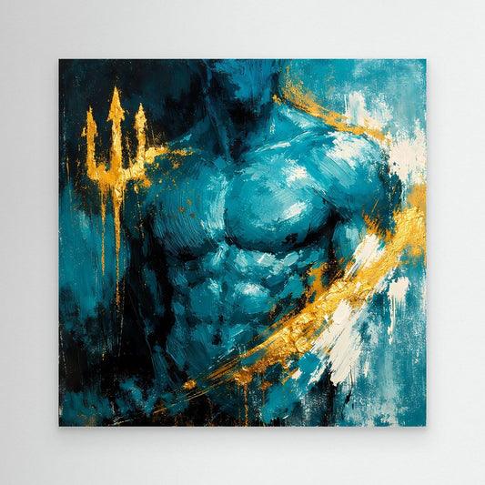 Türkisfarbenes Leinwand-Wandbild mit abstrakter Poseidonfigur und goldenen Farbakzenten