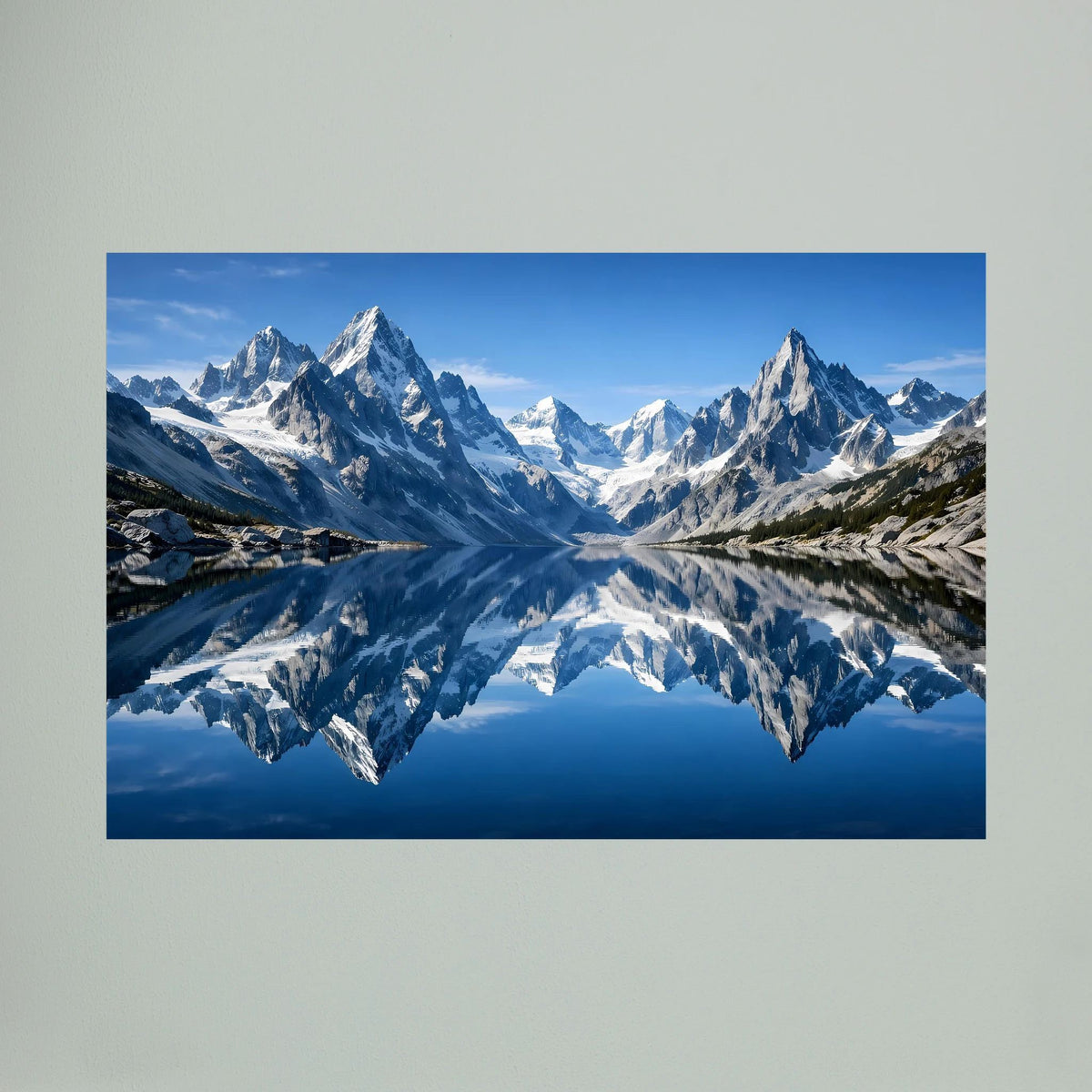 Poster im Querformat mit Alpengebirge und spiegelndem See, blau-weiße Berglandschaft