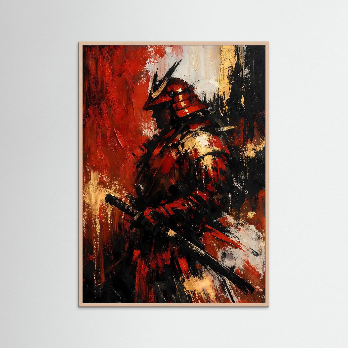Samurai-Kunstposter mit rosafarbenem Holzrahmen, tiefrot, gold und schwarz