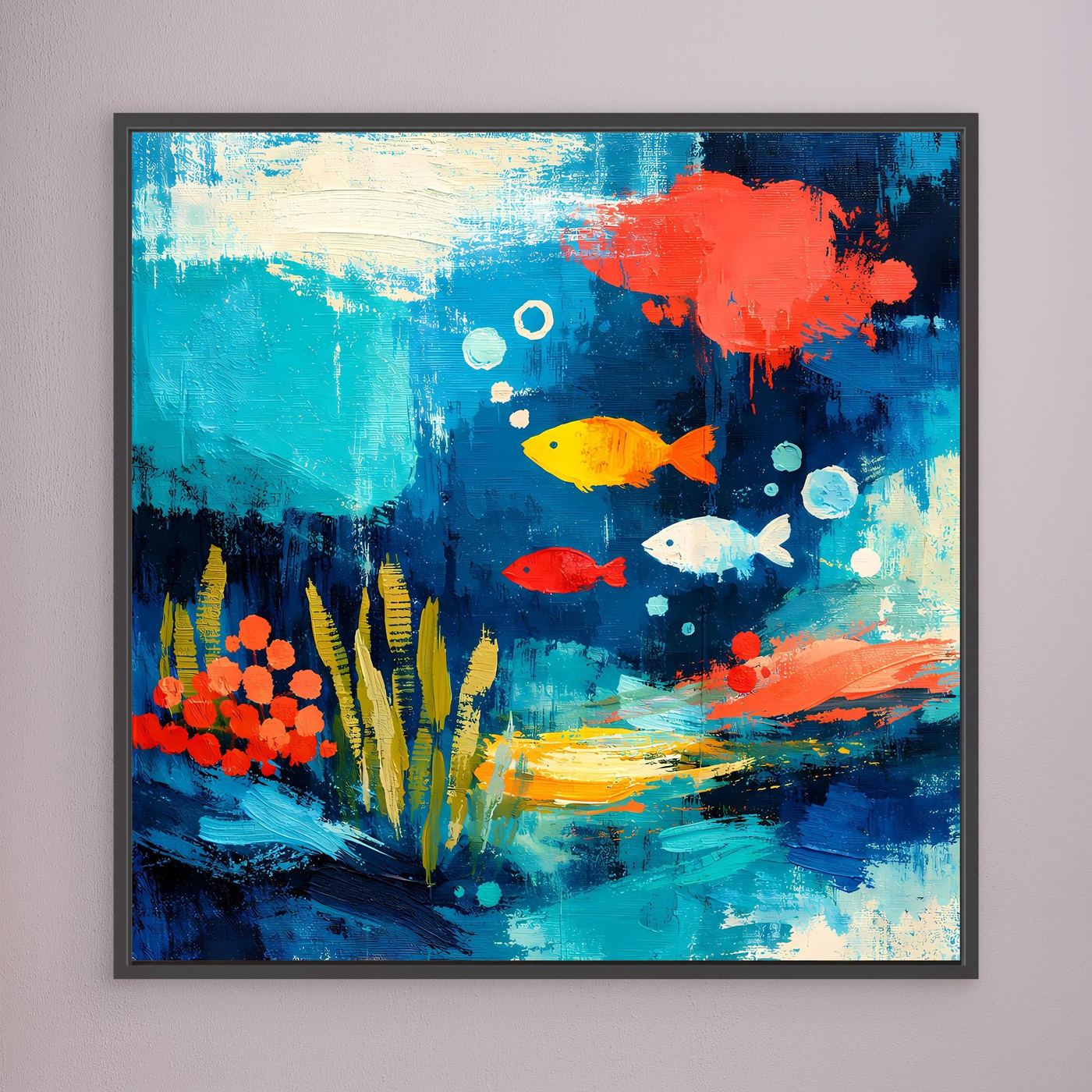 Framed abstract underwater wall art with fish and coral, dark frame