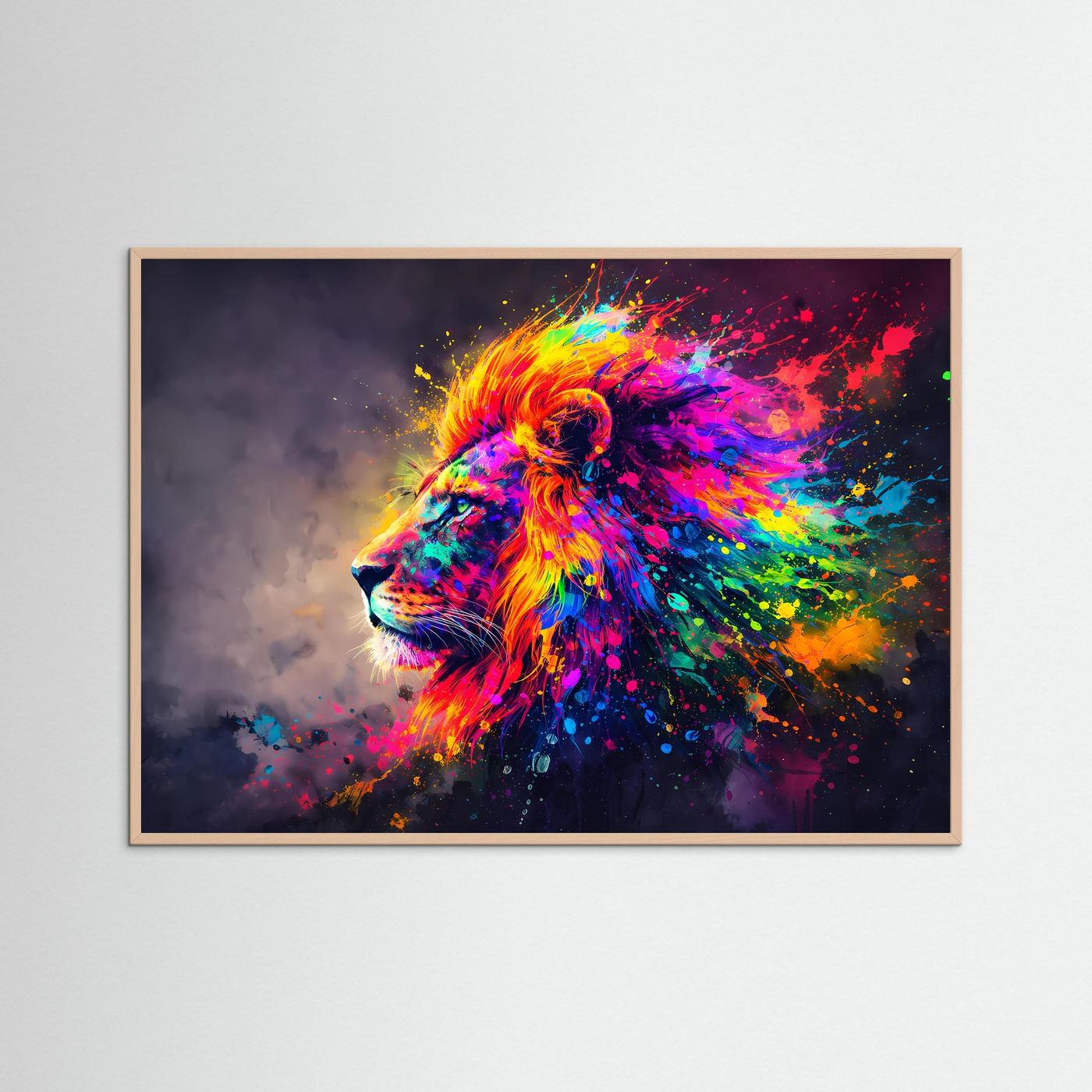 Wandbild mit rosafarbenem Holzrahmen: Löwenkopf Pop-Art in Regenbogenfarben und Farbspritzern