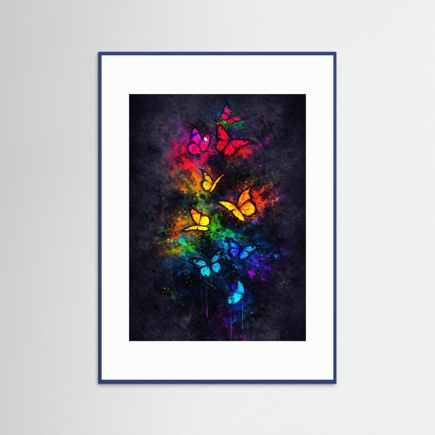 Poster mit Schmetterlingen im Neon-Regenbogen auf dunklem Hintergrund, weißer Rand, blauer Rahmen