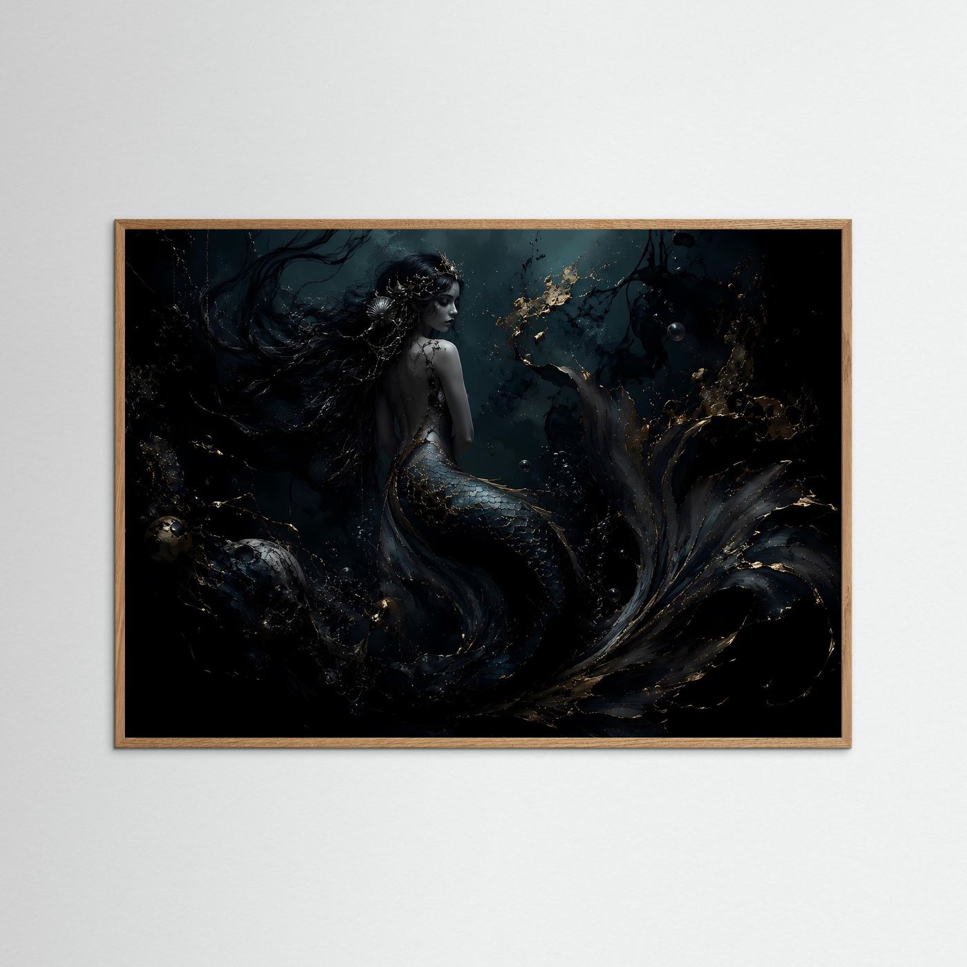 Meerjungfrau Poster | Mystische Unterwasser Kunst | Dunkle Fantasy Wanddeko | Gold Schwarz Leinwandbild | Elegante Meereskunst