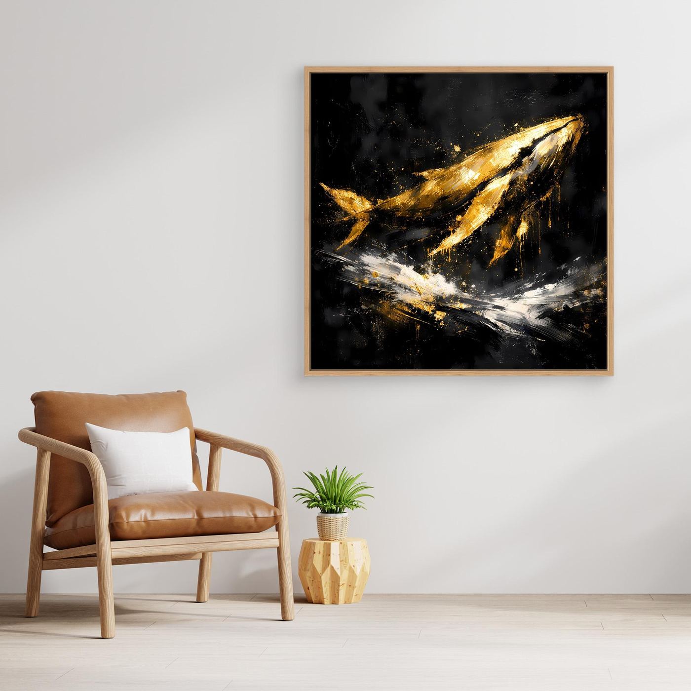 Leinwand Majestätischer Wal in Gold und Schwarz | Modernes Abstraktes Meeres Wandbild