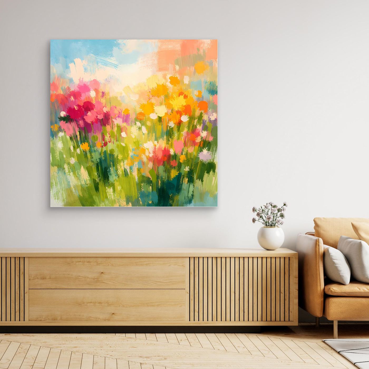 Leinwand Abstrakte Sommerwiese mit Wildblumen | Modernes Blumen Wandbild Bunt