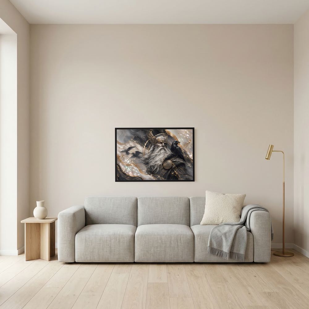 Querformatposter mit Odin und Raben, schwarzer Rahmen, mittig ausgerichtet