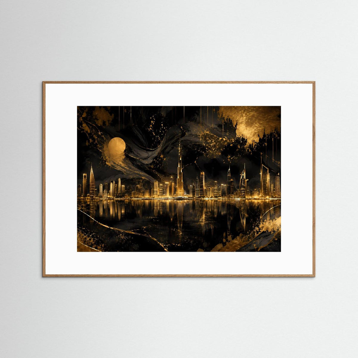 Gerahmtes Poster mit abstrakter Skyline bei Nacht in Schwarz und Gold, brauner Holzrahmen