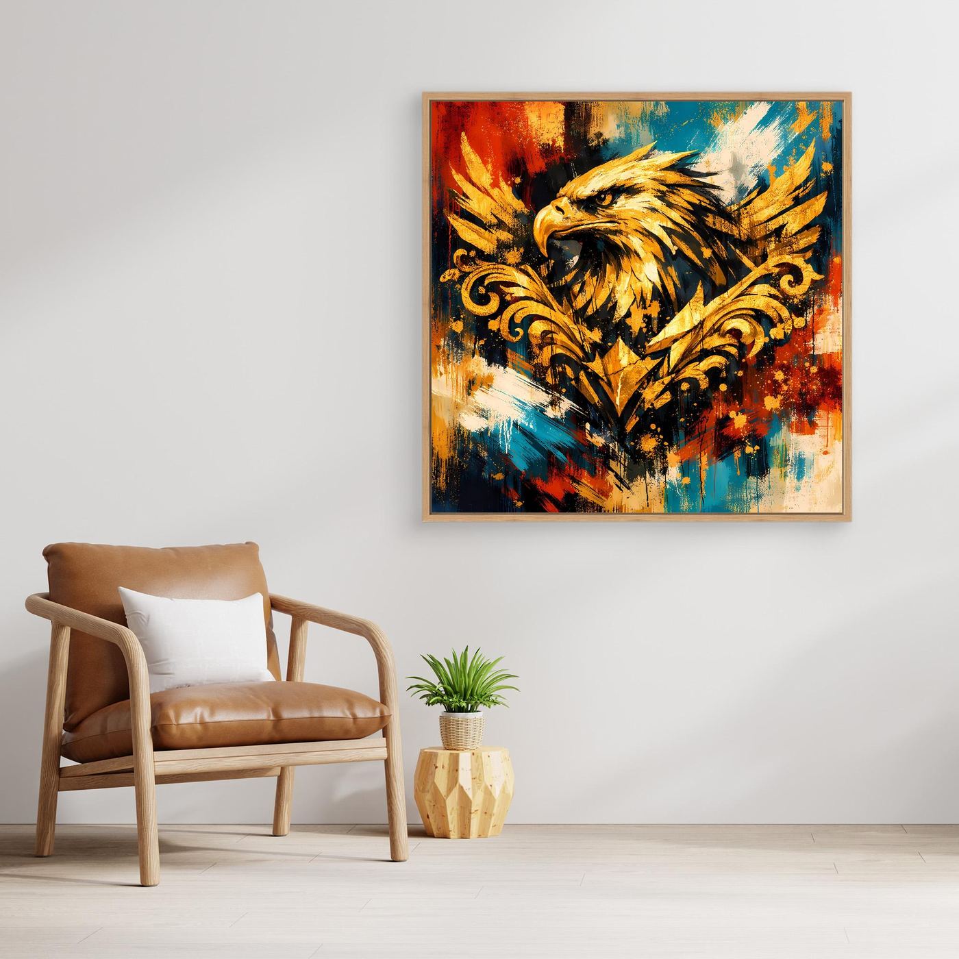 Wandbild: goldener Adler mit Flügeln und barockem Ornament, abstrakte Farben, Holzrahmen