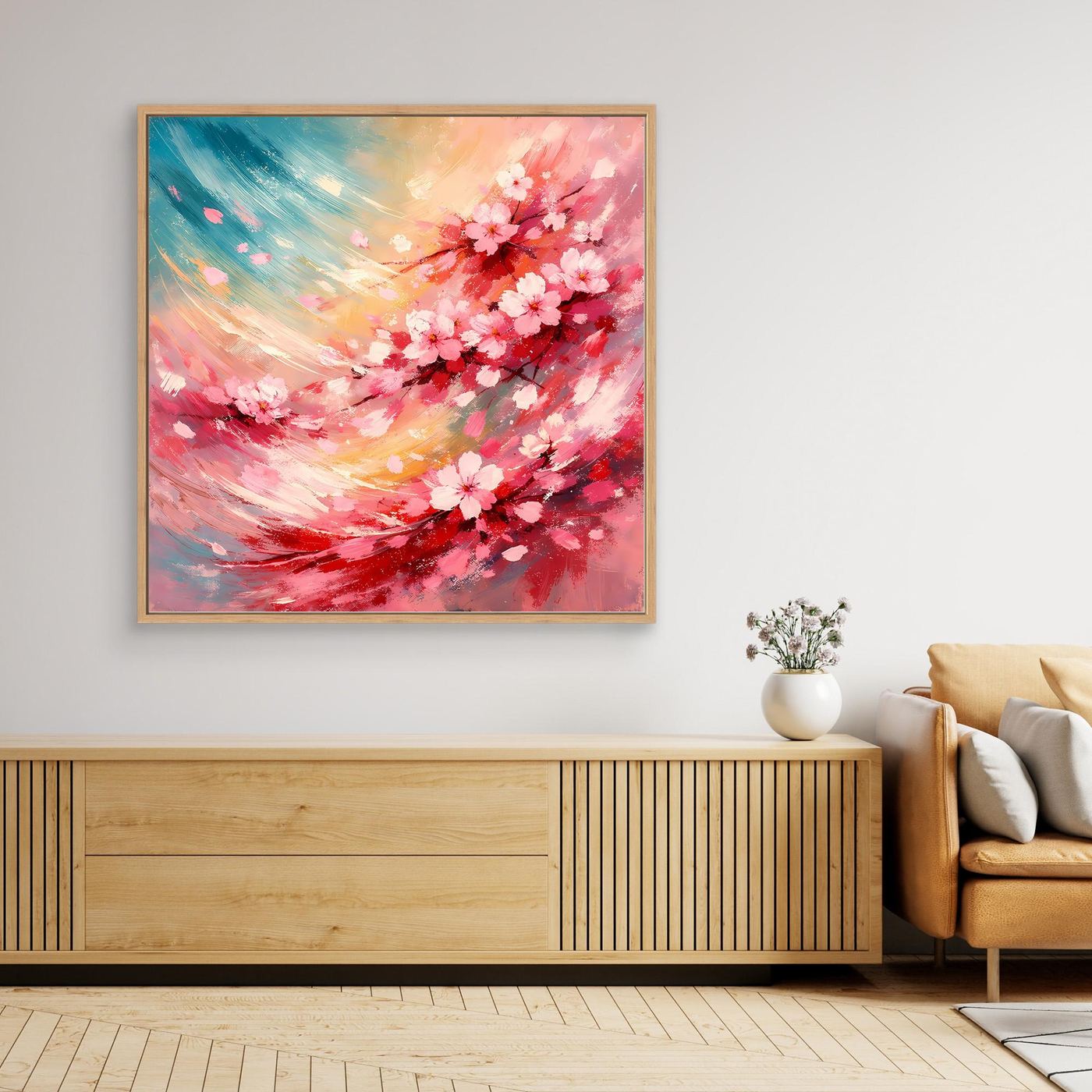 Leinwandbild mit abstrakten Kirschblüten in Rosa und Blau, im hellen Holzrahmen