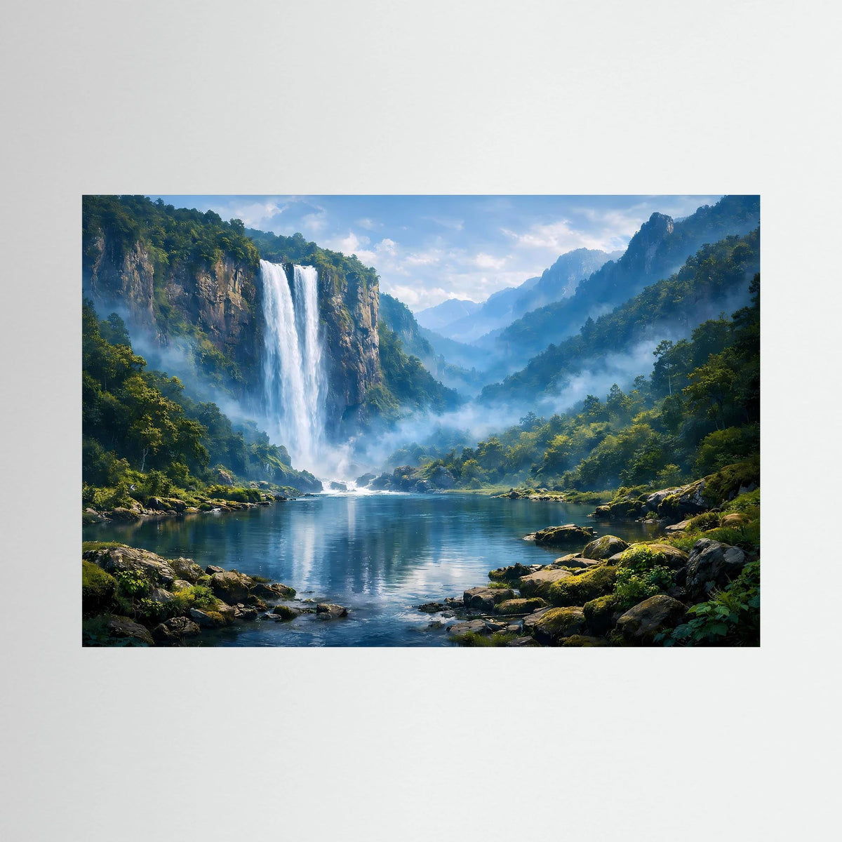 Querformat-Wandbild: Wasserfall im Bergwald über ruhigem See, umgeben von Bergen