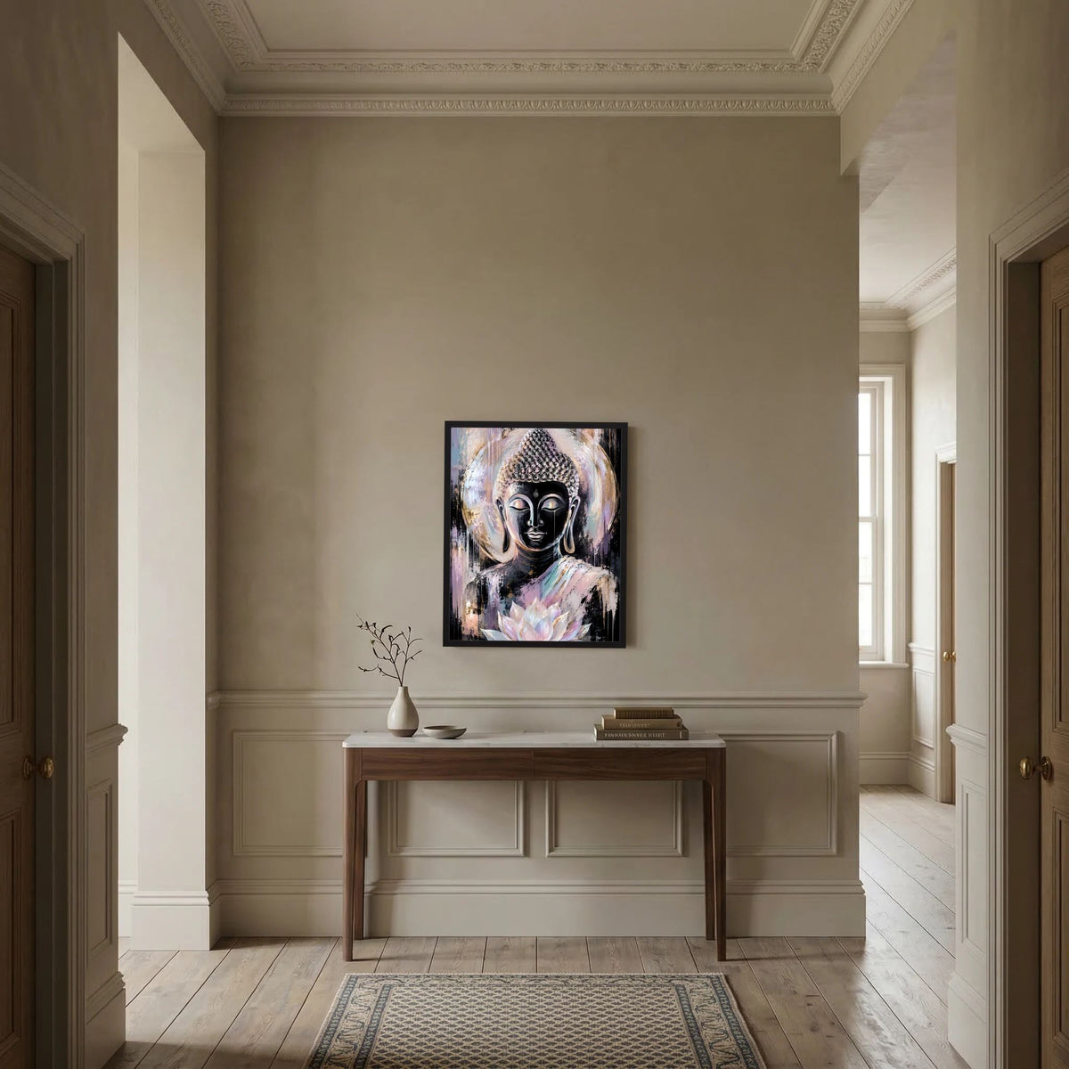 Buddha-Kunstposter mit Lotusblüte im schwarzen Rahmen in der Flurgalerie.