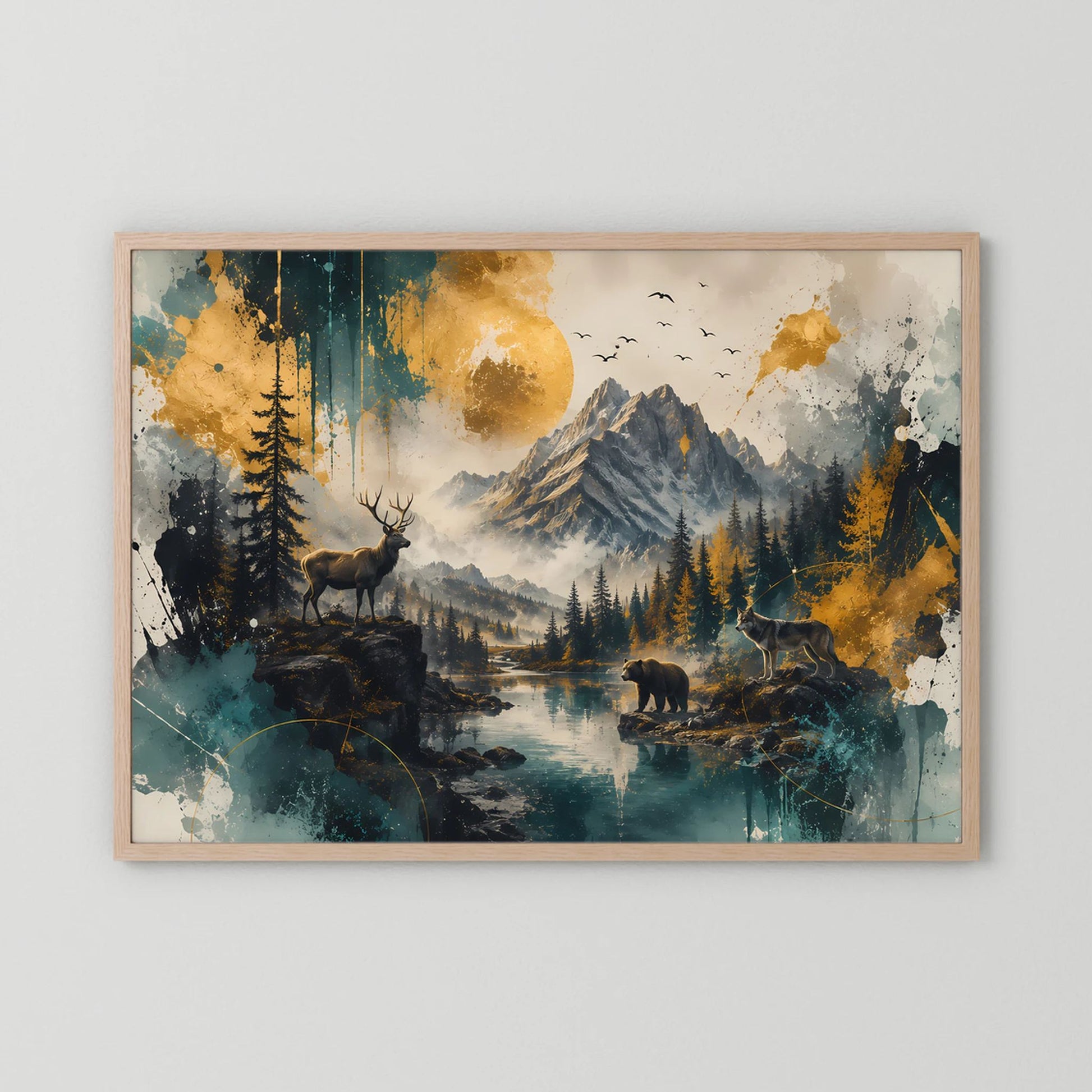 Wildtiere in majestätischer Berglandschaft | Hirsch Wolf und Bär | Poster Querformat